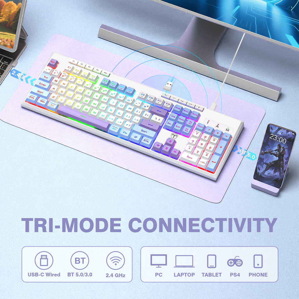 ET clavier de jeu 100 % à trois modes, disposition QWERTY américaine, rétroéclairage RVB, macros personnalisables, anti-effet fantôme 26 touches, 4000 mAh, crémeux
