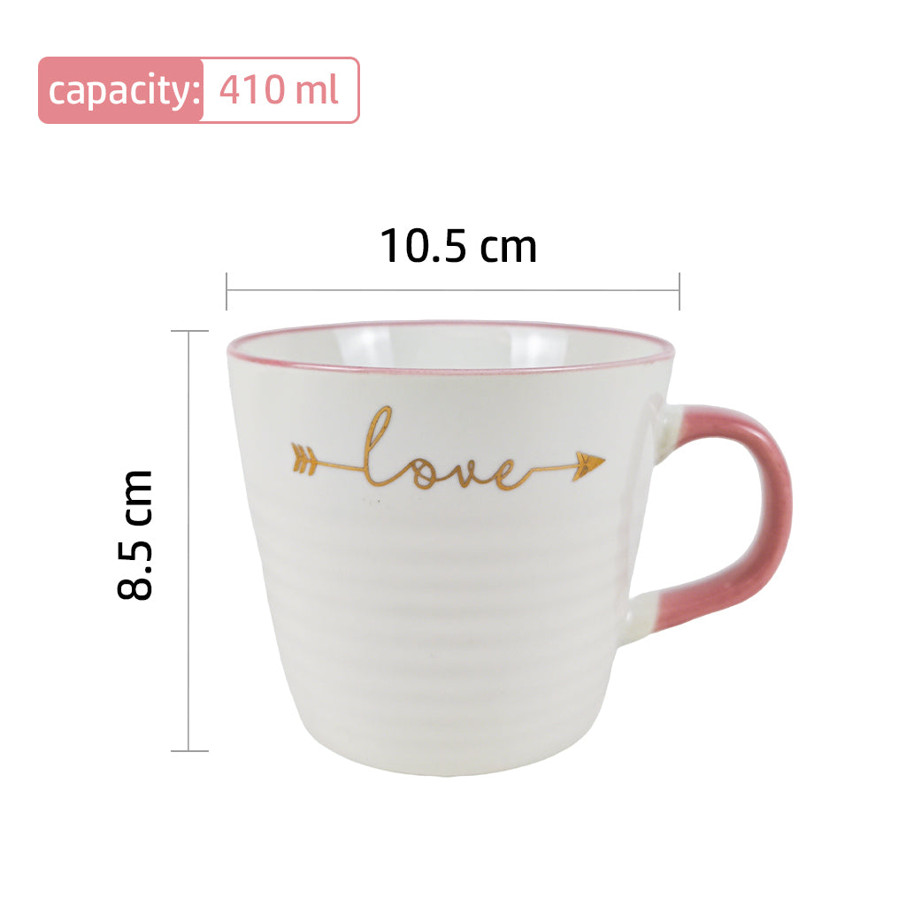 Lot de 2 tasses à café en céramique Amour et Rire, citation inspirante, 410 ml, blanc avec inscription dorée, coffret cadeau