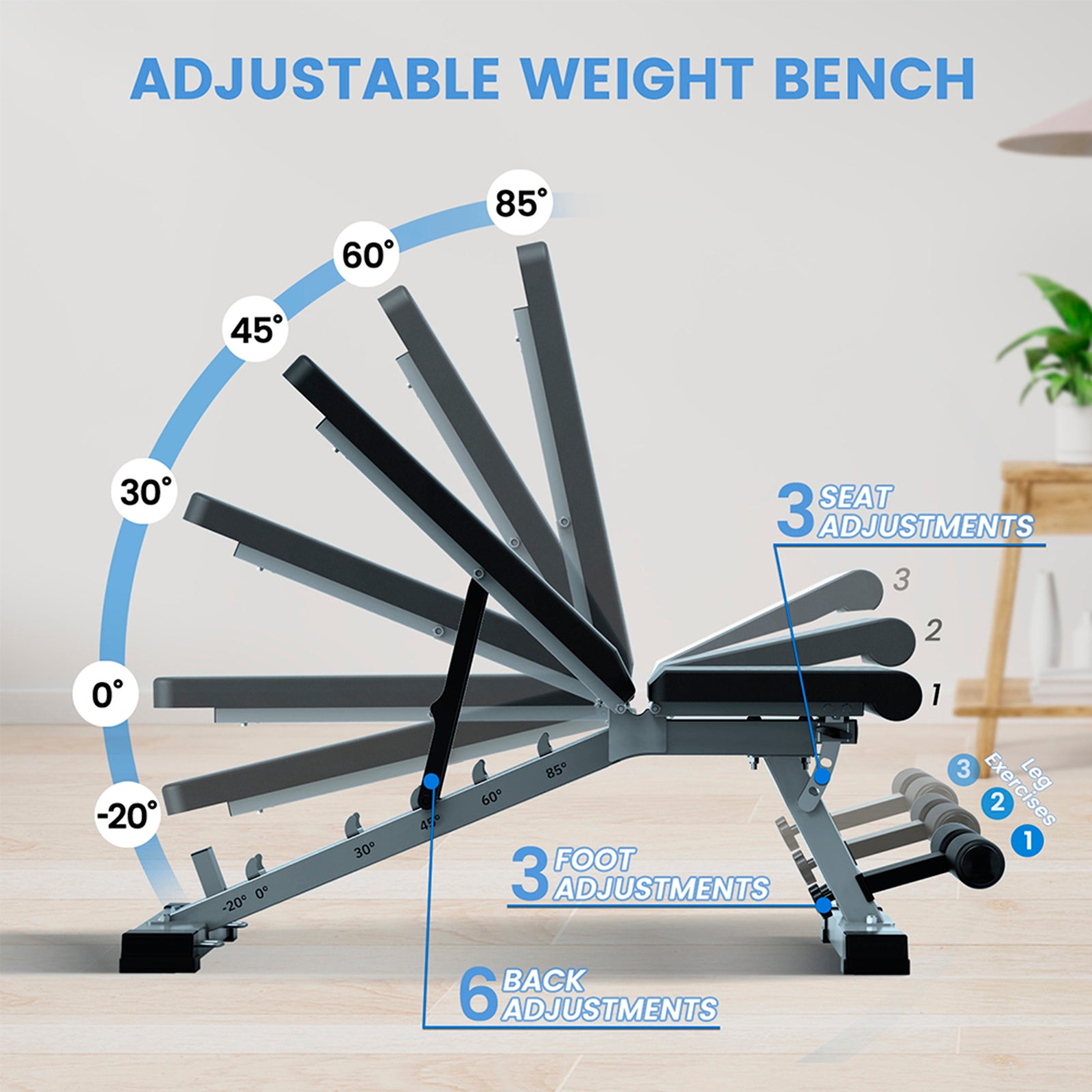 SPORTSOUL Banc d'exercices réglable pour salle de sport à domicile, banc d'entraînement de force pliable avec capacité de charge de 610 lb, 6 x 3 x 3 réglable