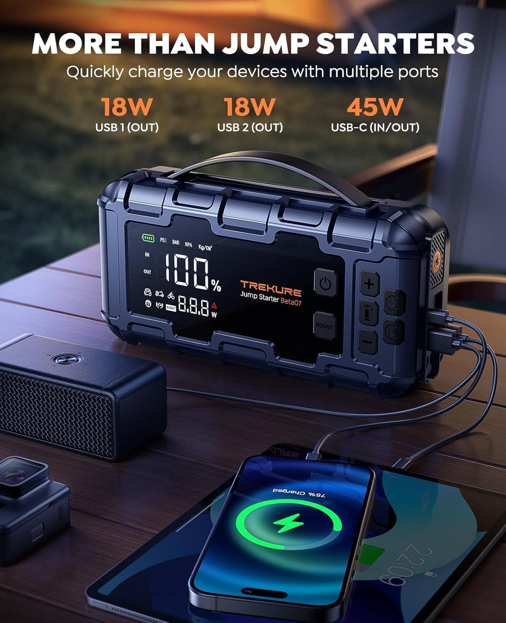 TREKURE Beta07 Démarreur de secours pour voiture 6000 A avec compresseur d’air 160 PSI, booster de batterie portable 12 V avec charge rapide PD 45 W, écran intelligent 3,3 po