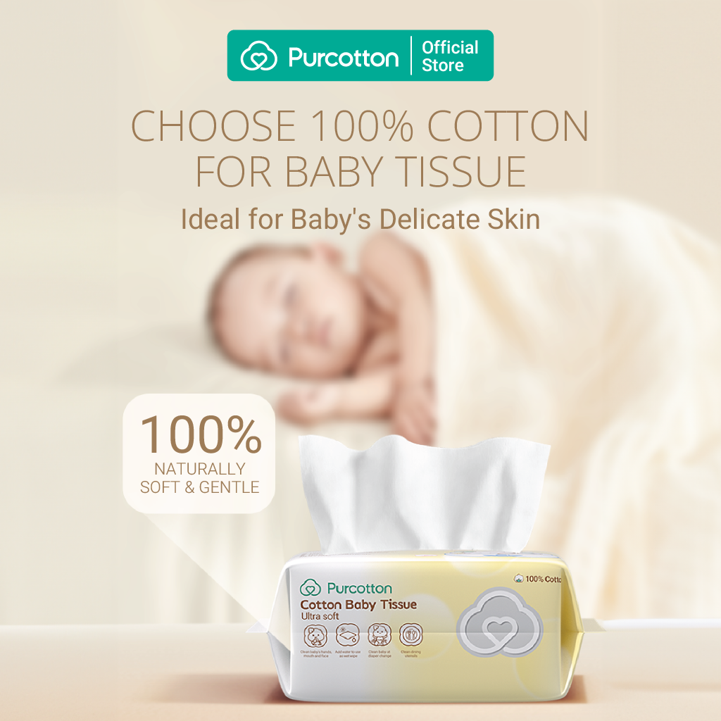 Purcotton Mouchoirs bébé 100 % coton (Ultra doux) 80 Feuilles/paquet (3 Paquets individuels)