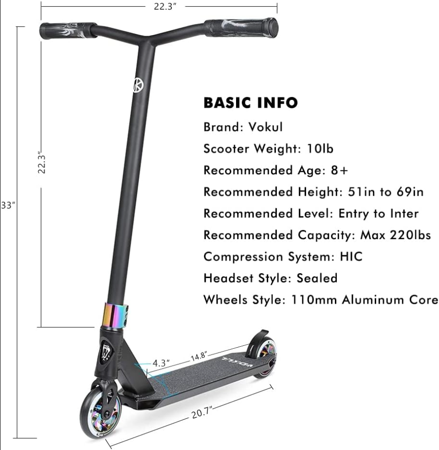 VOKUL K1 Pro Trottinette freestyle pour enfants à partir de 8 ans, adolescents, adultes - Trottinette freestyle niveau débutant pour garçons, filles - Trottinette freestyle pour skatepark et rue