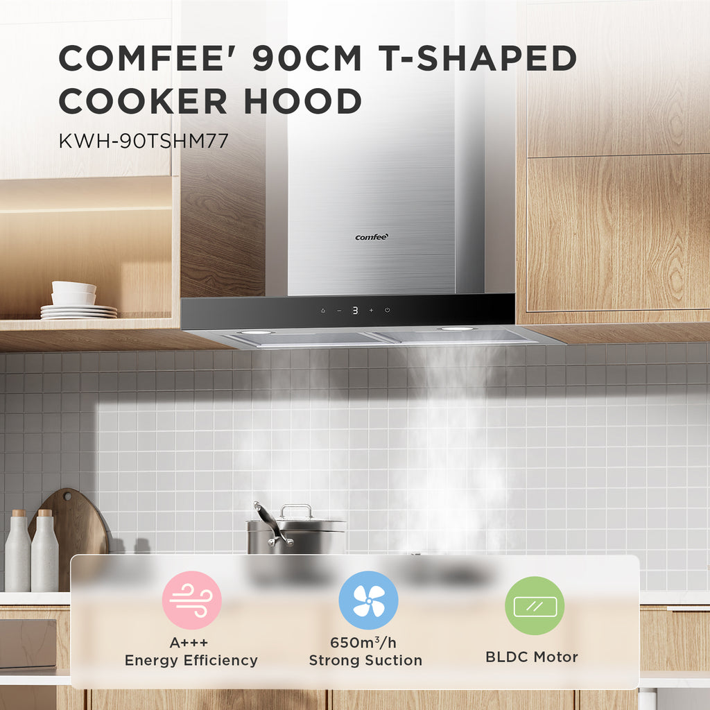 Comfee' Hotte aspirante en T 60 cm, 650 m³/h, A+++, acier inoxydable, commande gestuelle et tactile, éclairage LED, filtre 5 couches, recyclage et évacuation, TSHM77SS-60