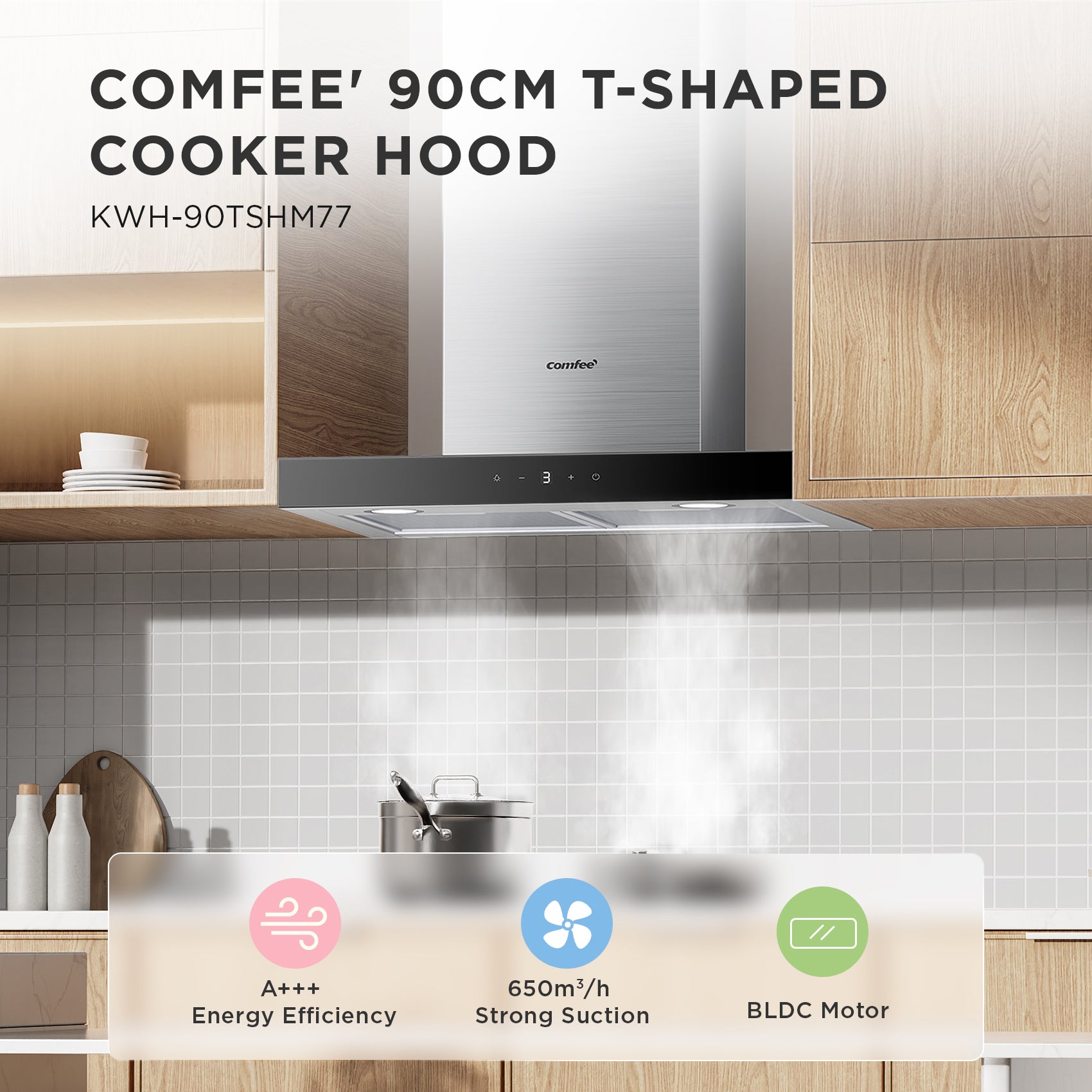 Comfee' Hotte aspirante en T 60 cm, 650 m³/h, A+++, acier inoxydable, commande gestuelle et tactile, éclairage LED, filtre 5 couches, recyclage et évacuation, TSHM77SS-60