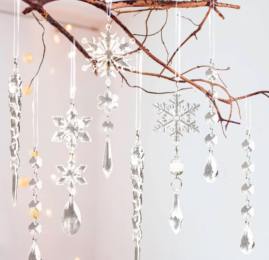 Ju7cer Lot de 26 décorations de sapin de Noël en cristal, pendentifs en forme de flocons de neige et de colonnes de glace en acrylique