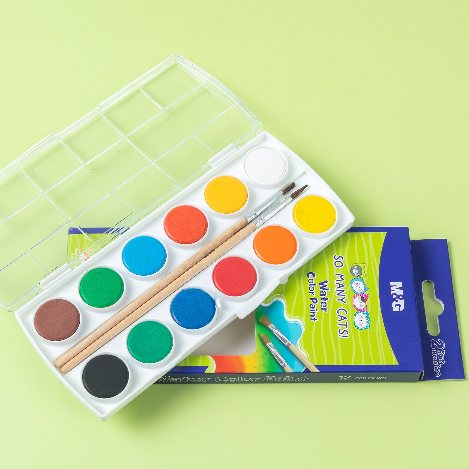 M&G Tant de chats Coffret d'aquarelle 12 couleurs avec pinceau à réservoir d'eau – Fournitures artistiques pour enfants et adultes, idéal pour débutants