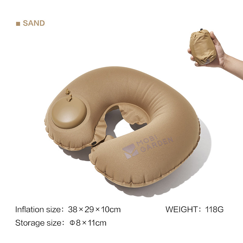 Mobi Garden, Oreiller cervical en forme de U gonflable par pression, oreiller de voyage doux et confortable pour voiture et camping, sable, conception portable pour un rangement facile
