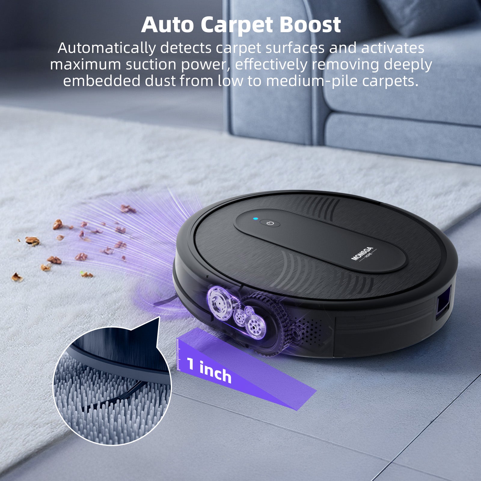 monsga MR1 Robot aspirateur laveur 4000 Pa, Ultra-fin 3,2", Autonomie 140 min, Filtre HEPA, Télécommande, Application et Commande vocale, Noir