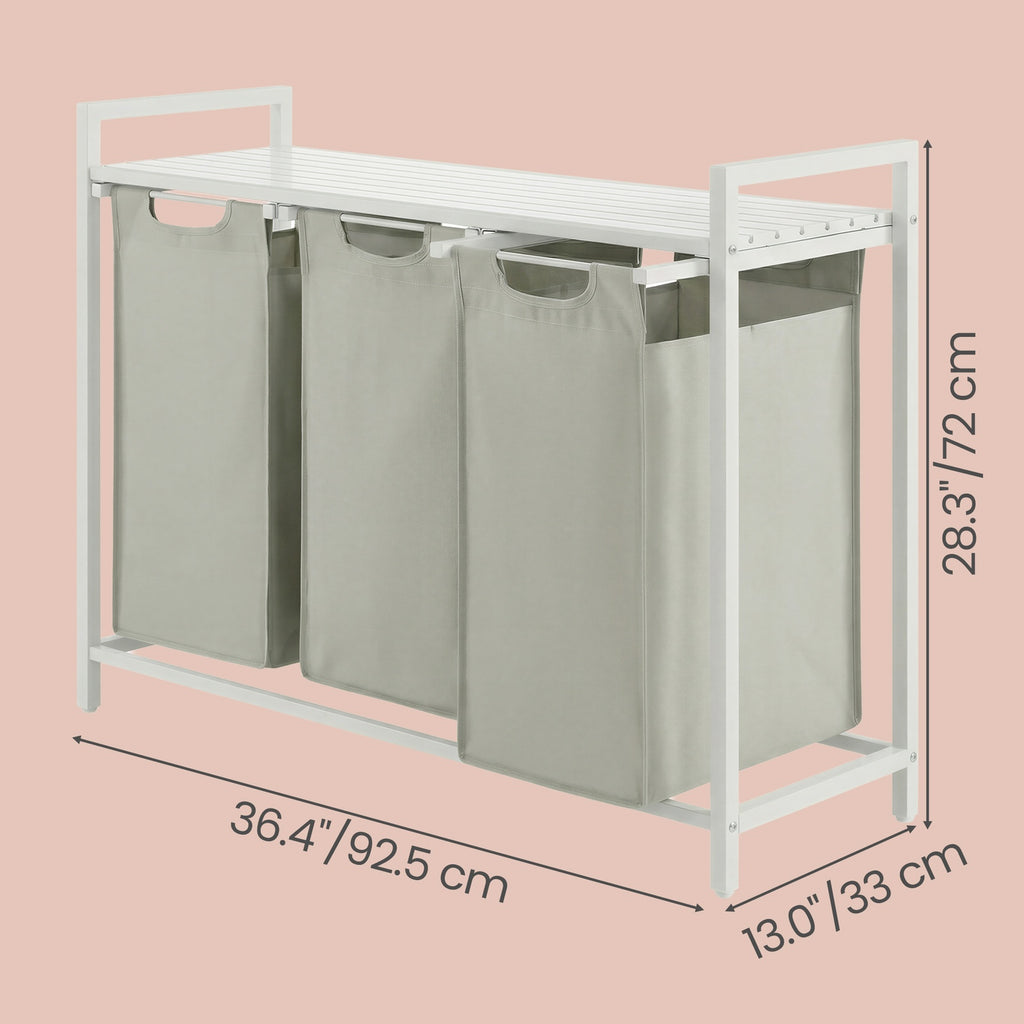 JOYFURNOS Panier à linge, Corbeille à linge à 3 compartiments, Sacs intérieurs coulissants et amovibles, Trieur de vêtements, Cadre en métal, 3 x 40 L, 92,5 x 33 x 72 cm, Blanc crème et blanc mat