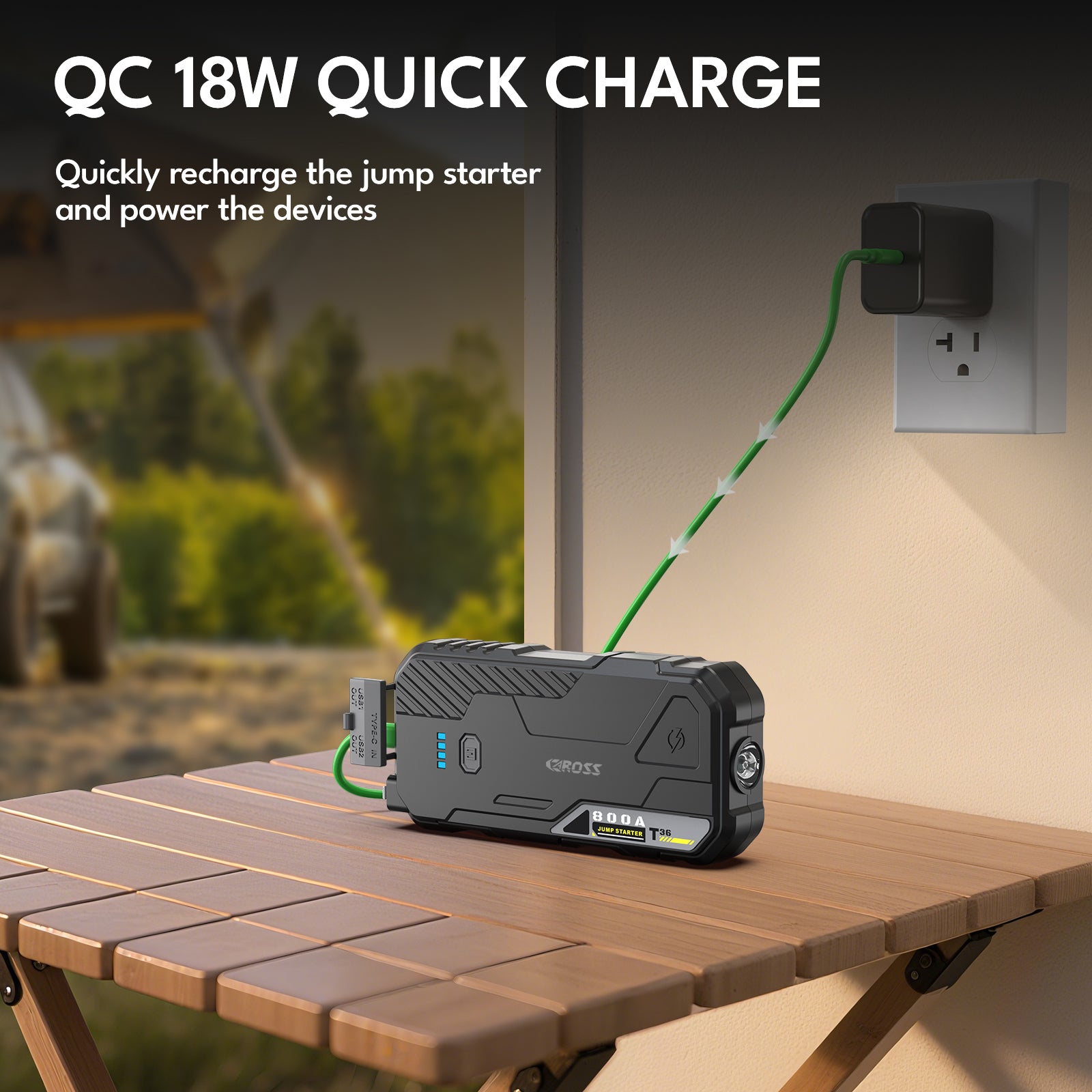 CAROSS Booster de démarrage compact 800 A 12 V, Noir, Batterie lithium 10000 mAh, Protection anti-étincelles et inversion de polarité, Fonction boost, Charge rapide QC 18 W, Étui de protection inclus