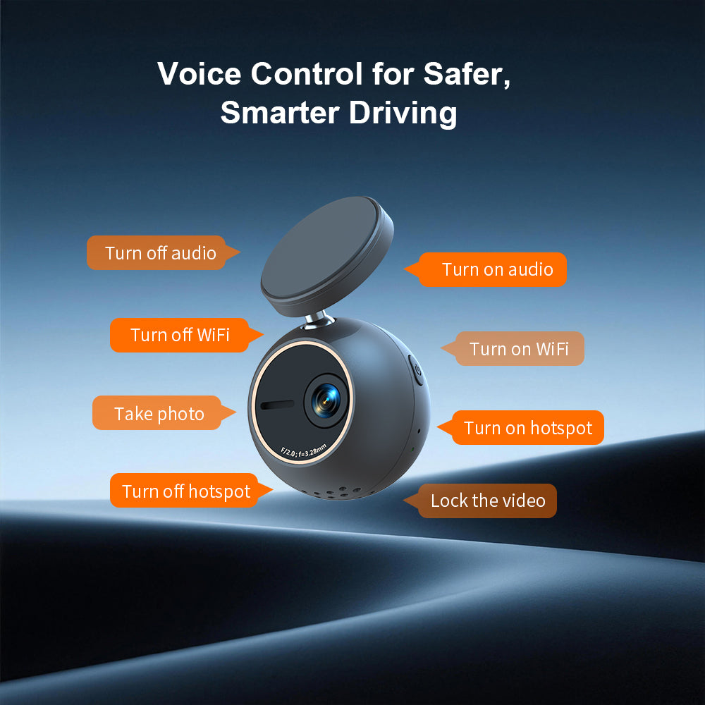 KAWA Dashcam 2K avec commande vocale, mini caméra sphérique avant, support rotatif à 360°, Wi-Fi intégré et application, capteur G, moteur NightEagle