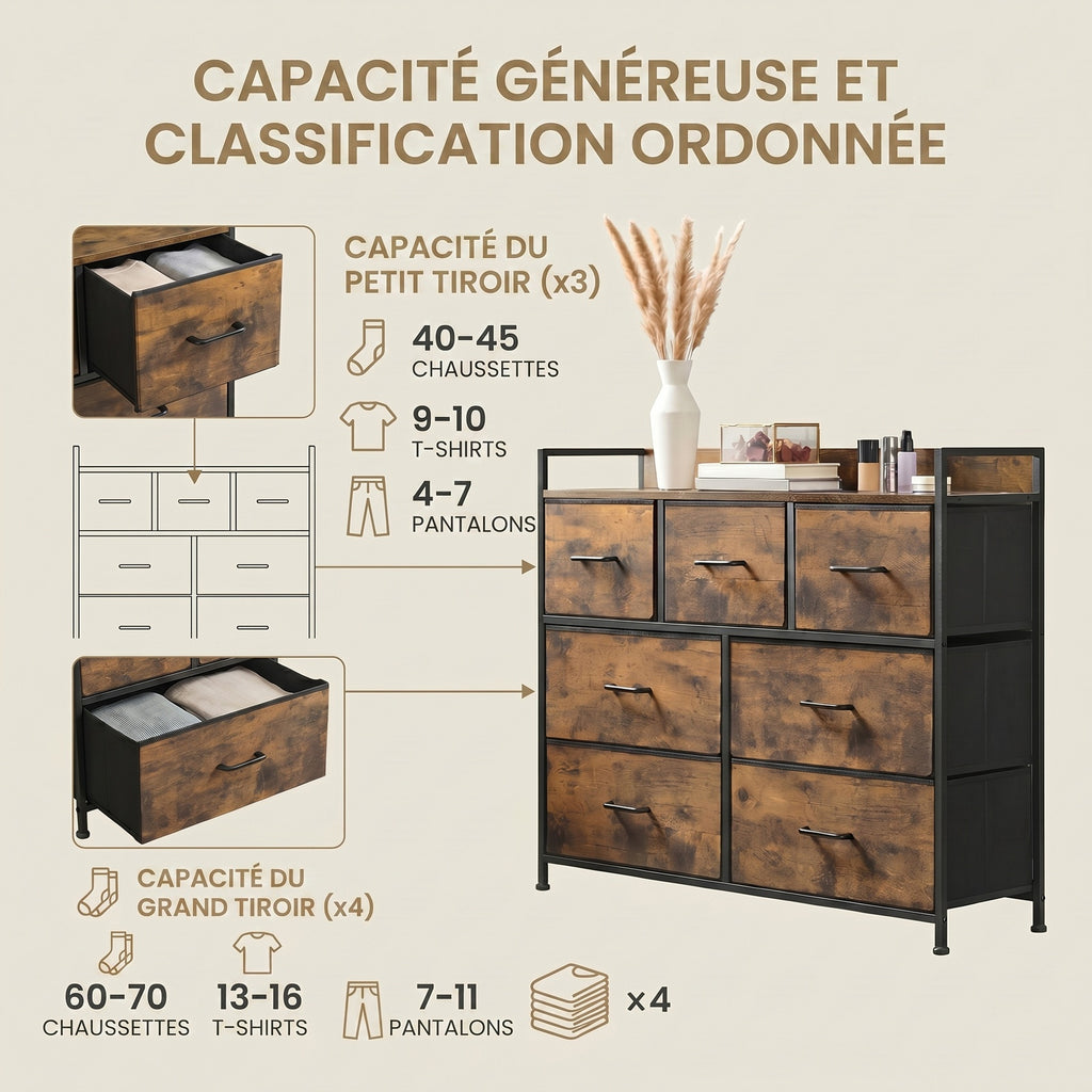 JOYFURNOS Commode à 7 tiroirs en tissu avec poignées –98x28.5x85cm Brun Rustique & Noir Encre, cadre métallique – grande armoire de chambre pour vêtements et linge de maison