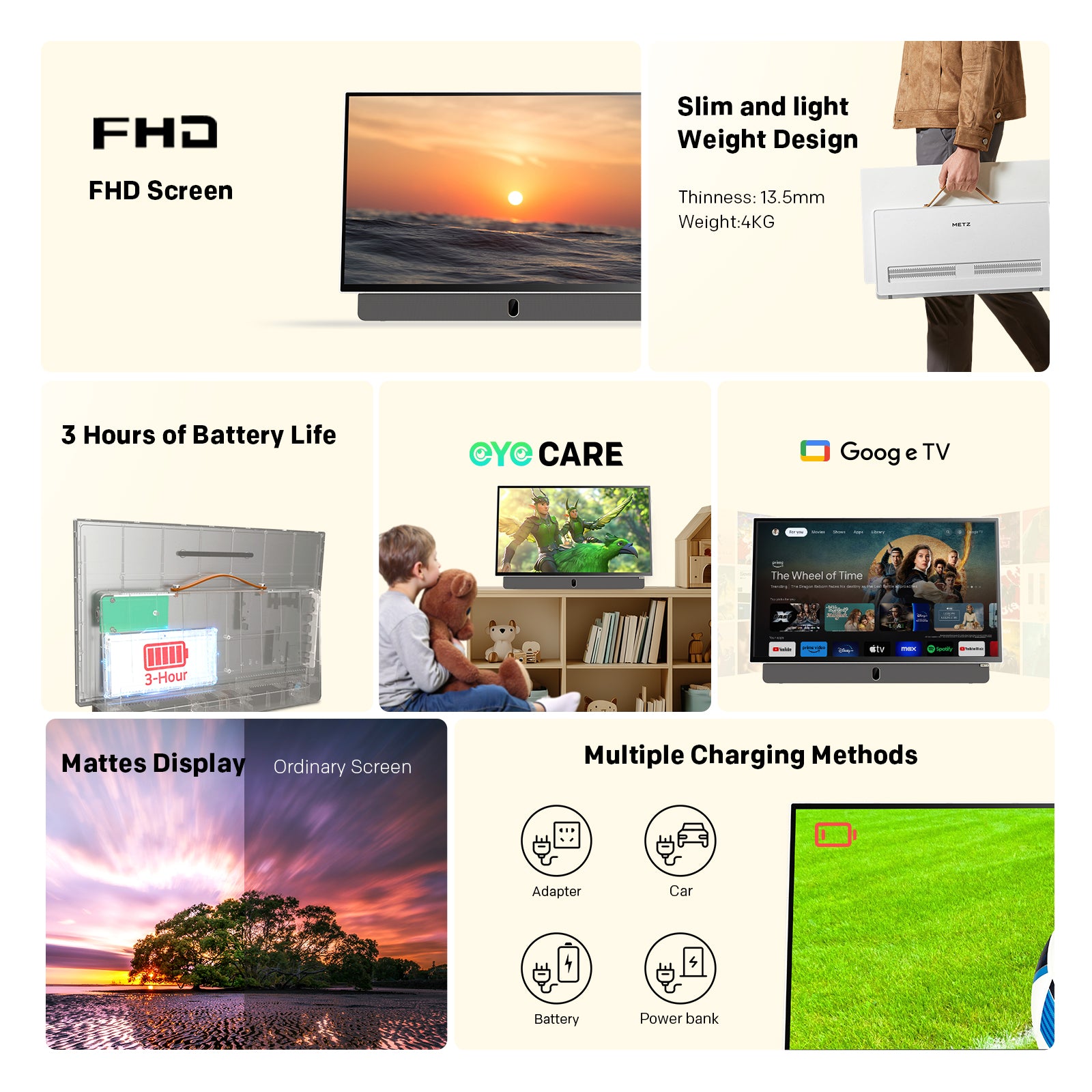 METZ TV Portable 24MPE7200Z Batterie Intégrée, Google TV Vert