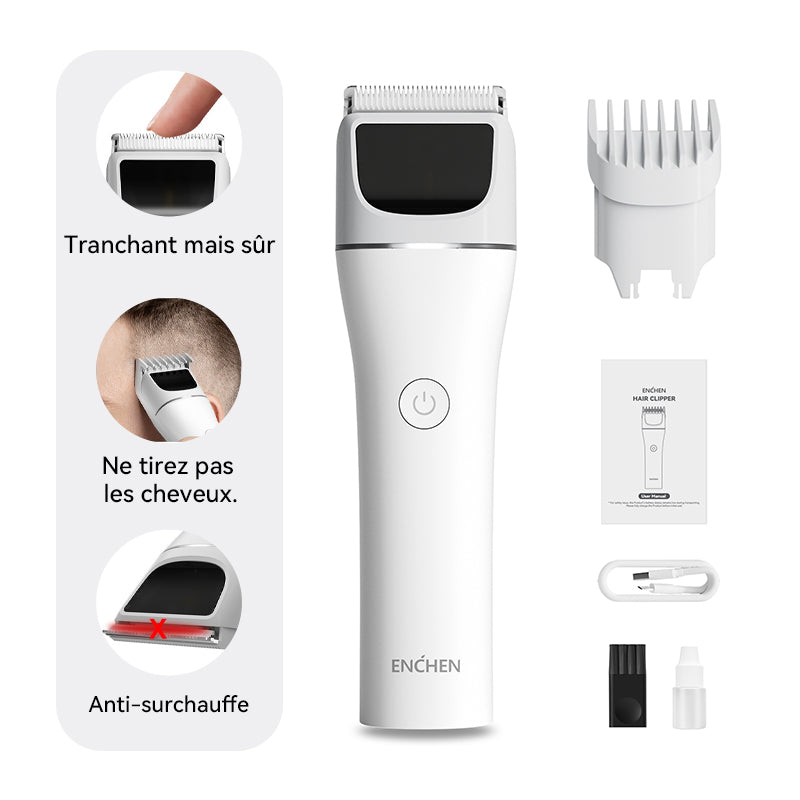 Tondeuse à cheveux électrique sans fil professionnelle ENCHEN White Boost 2 avec chargement rapide USB Type-C, pour hommes adultes, 1 pièce.