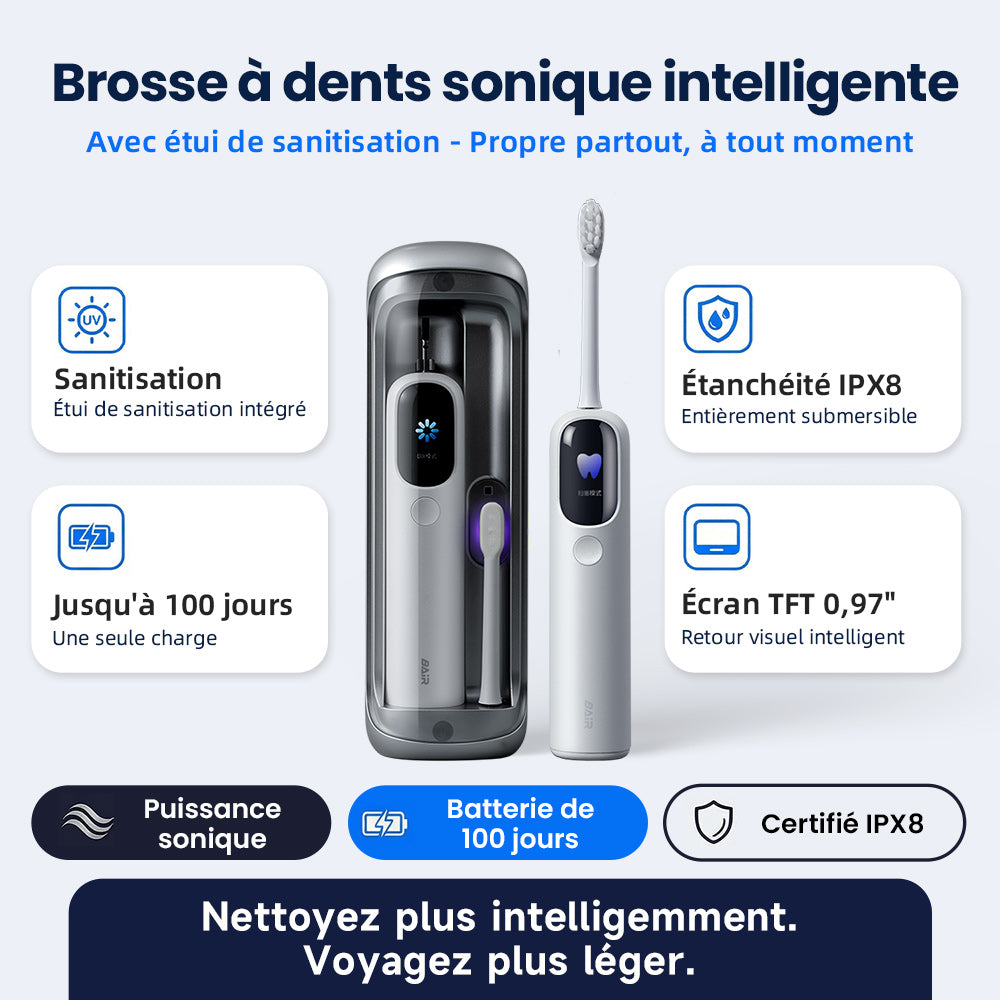 BAIR CARE I6 Brosse à dents sonique - Autonomie de 100 jours, rechargeable, 5 modes de nettoyage, étanche IPX8, minuteur intelligent, idéal pour la maison et les voyages
