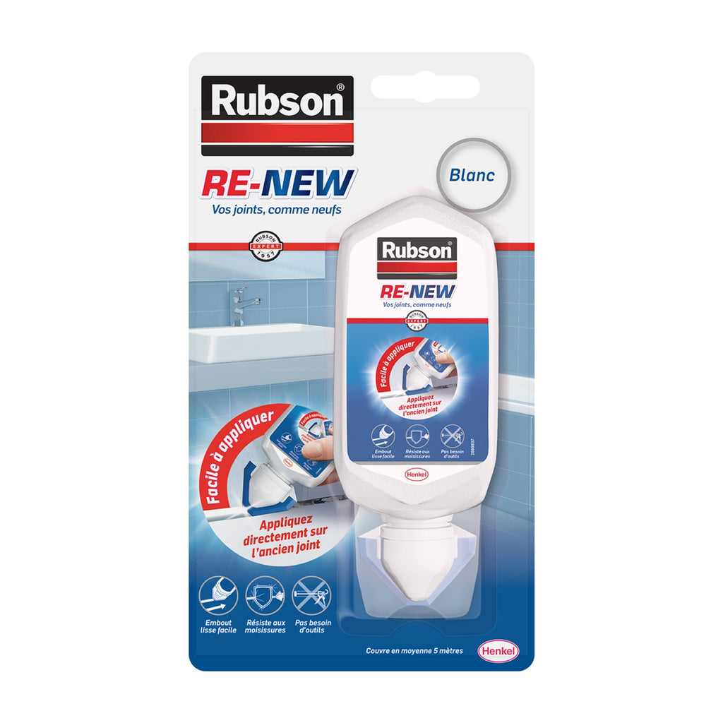 Rubson – Re-New Blanc (1 x 80ml) – Mastic sanitaire blanc à base de silicone, s'applique sur le joint déjà existant – Mastic étanche & anti-moisissures