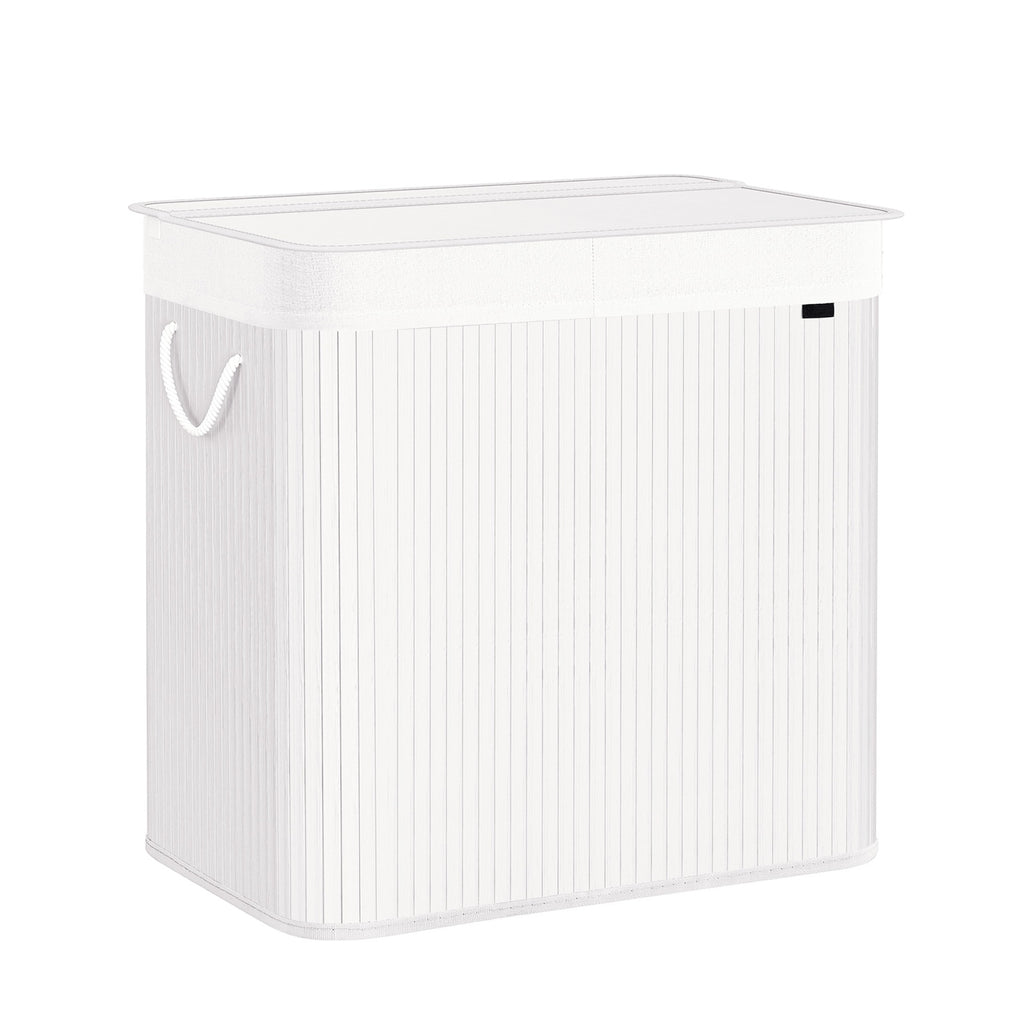 JOYFURNOS Grand Panier à Linge en Bambou, Panier à Linge Pliable à 3 Compartiments avec Couvercle, Sac Intérieur Amovible, Blanc