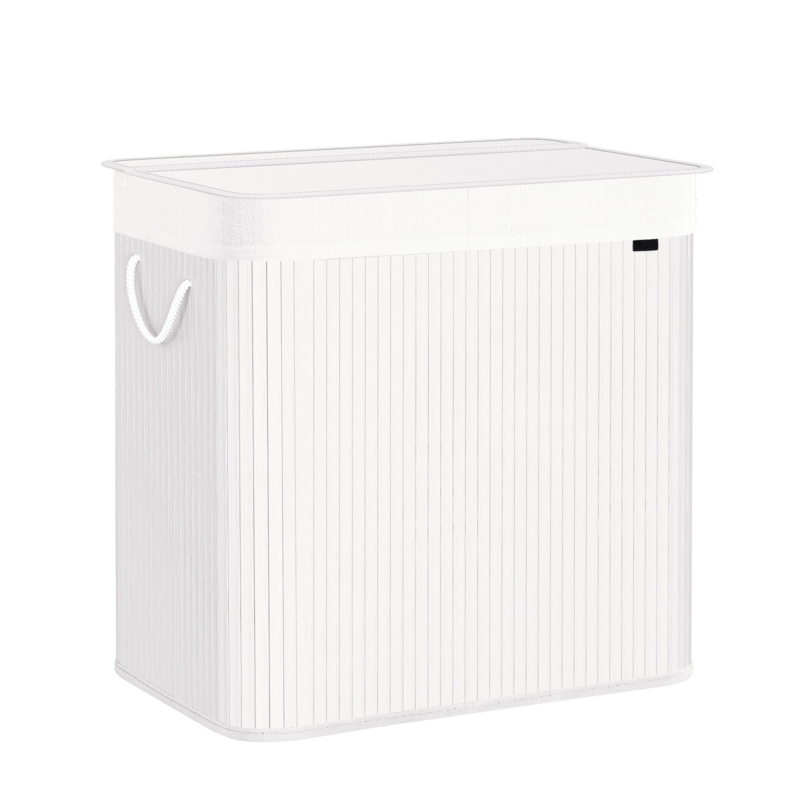 JOYFURNOS Grand Panier à Linge en Bambou, Panier à Linge Pliable à 3 Compartiments avec Couvercle, Sac Intérieur Amovible, Blanc
