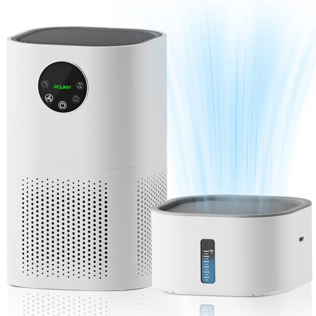 ROUNY Combo purificateur d'air et humidificateur 2-en-1, filtre HEPA H13, CADR 150 m³/h, couverture 20-50 m², mode veille ≤25 dB, affichage de la qualité de l'air
