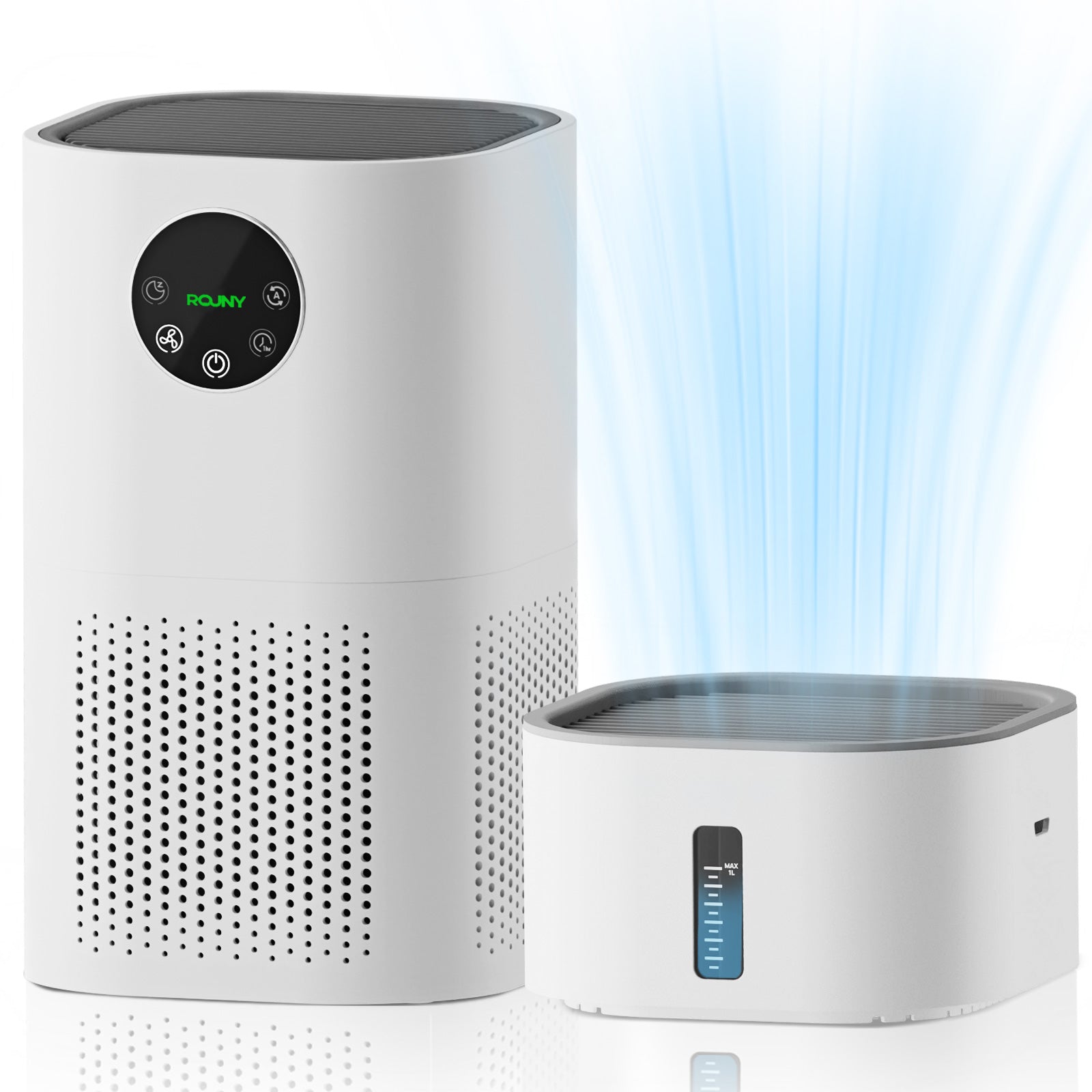 ROUNY Combo purificateur d'air et humidificateur 2-en-1, filtre HEPA H13, CADR 150 m³/h, couverture 20-50 m², mode veille ≤25 dB, affichage de la qualité de l'air