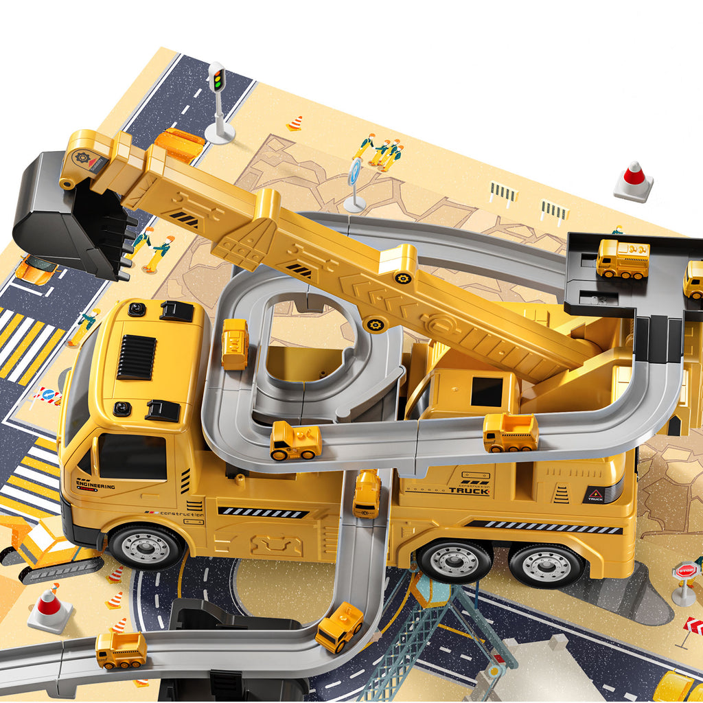 Jouets de camion de construction, camion grue 8 mini voitures de génie en alliage, jouet de pelleteuse pliable avec tapis de jeu et panneaux de signalisation, cadeau de véhicule éducatif
