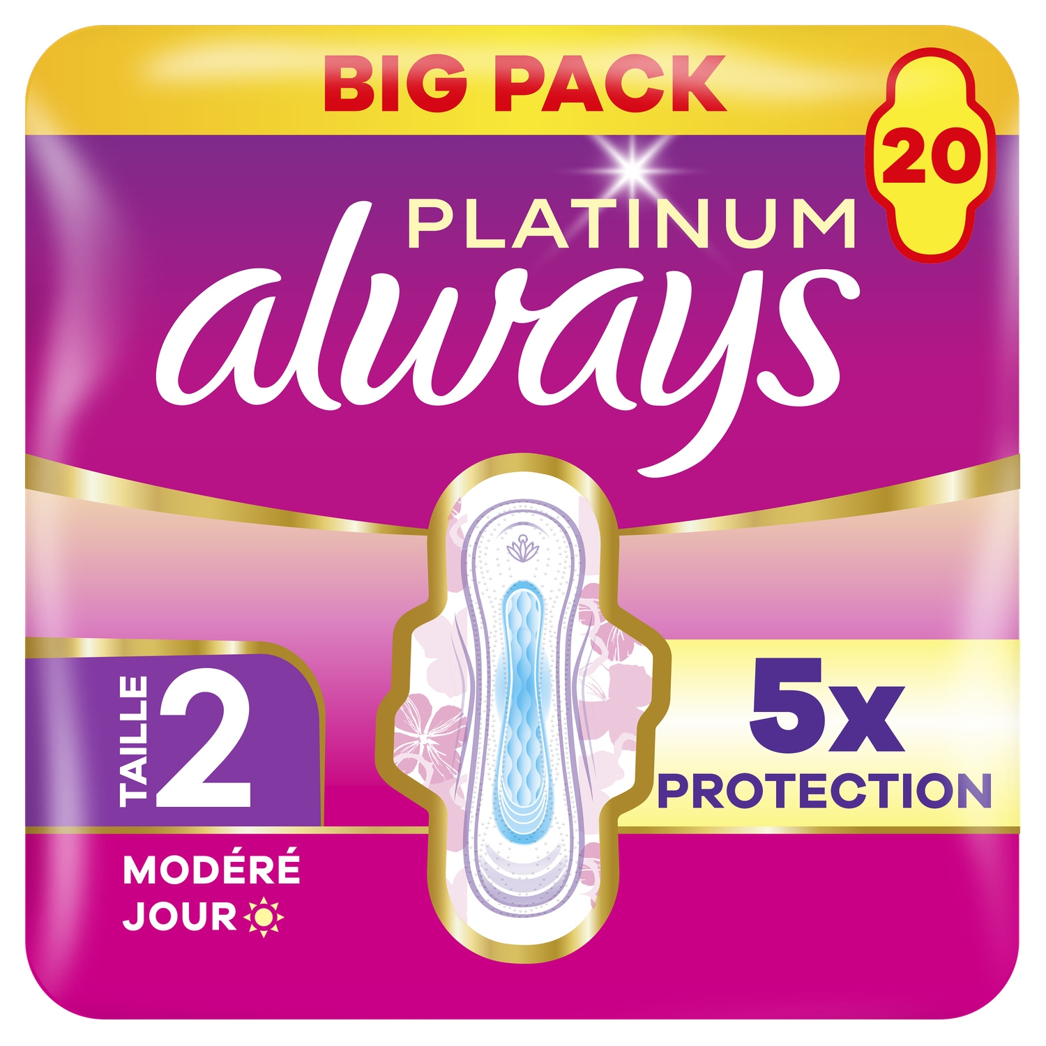 Always Platinum Serviettes Flux Modéré Jour (Taille 2) 20 Super Absorbantes Et Ultra-Fines, Pour Règles