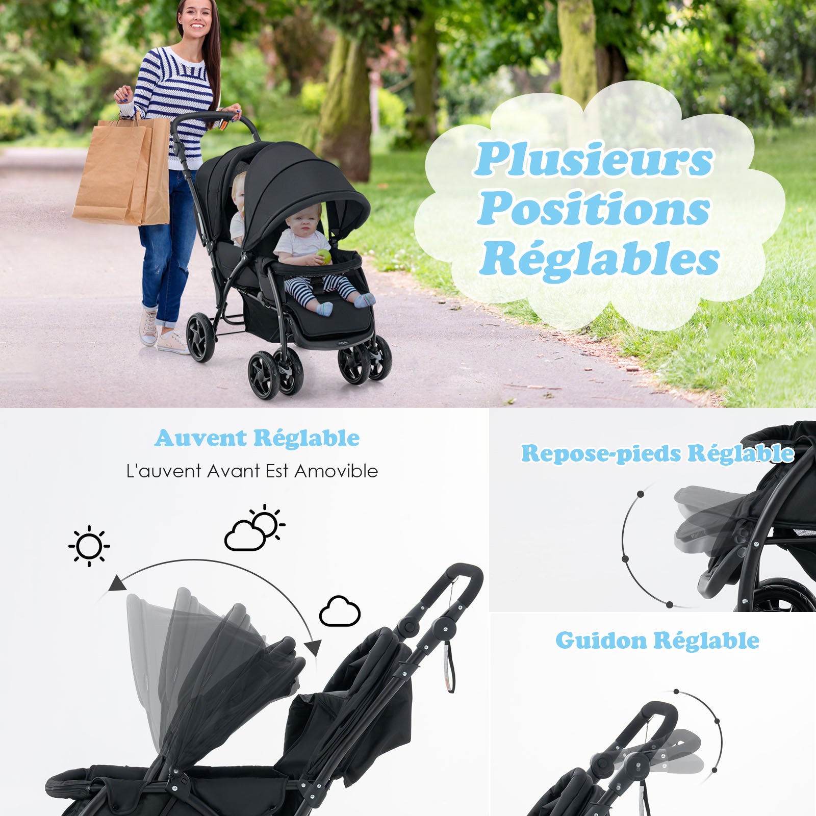 Poussette jumelle pliable Sibling avec dossier réglable et pare-soleil, capacité de charge 30 kg, noir