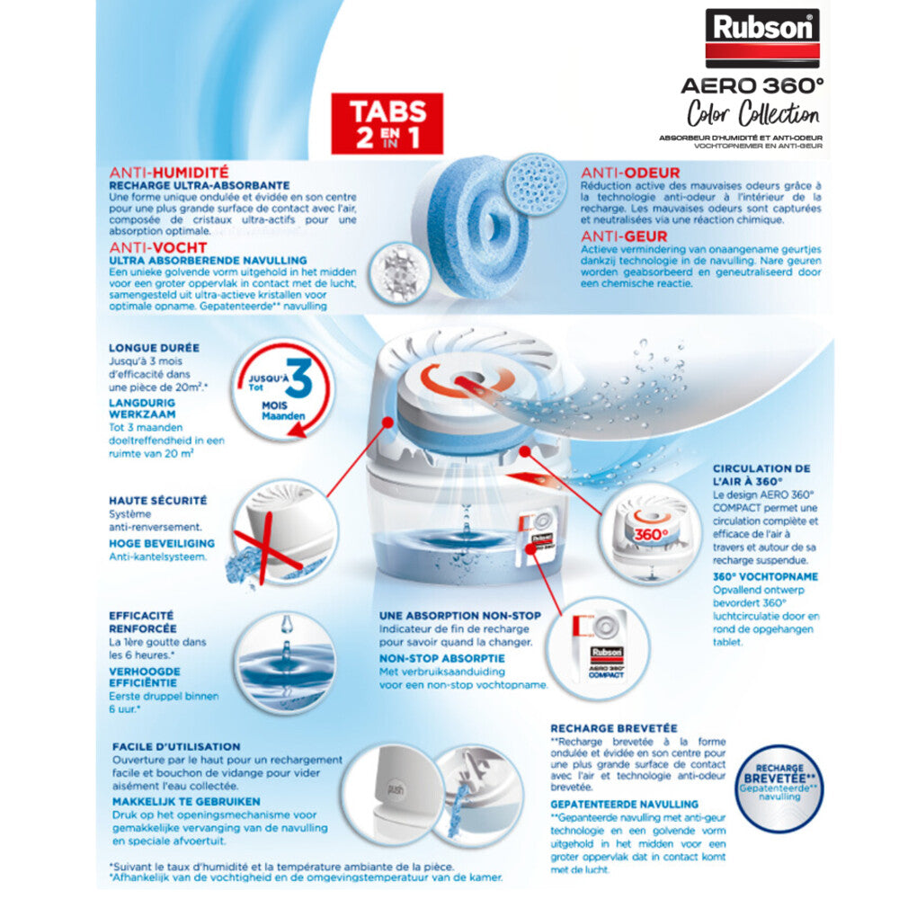 Rubson | Absorbeur d'Humidité Aero 360° Couleur Pêche (1 appareil + 1 recharge de 450 g) – Absorbeur anti-humidité pour pièce jusqu'à 20 m² – Déshumidificateur d'air anti-odeur et anti-moisissure