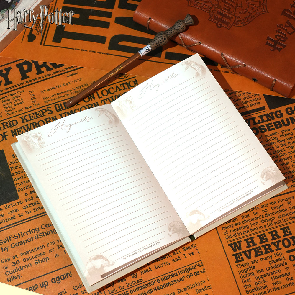 Warner Bros. Ensemble 2 pièces carnet Harry Potter Poudlard 4 maisons et stylo baguette d’Harry, papeterie Monde des sorciers sous licence officielle, collection thématique exclusive, cadeau