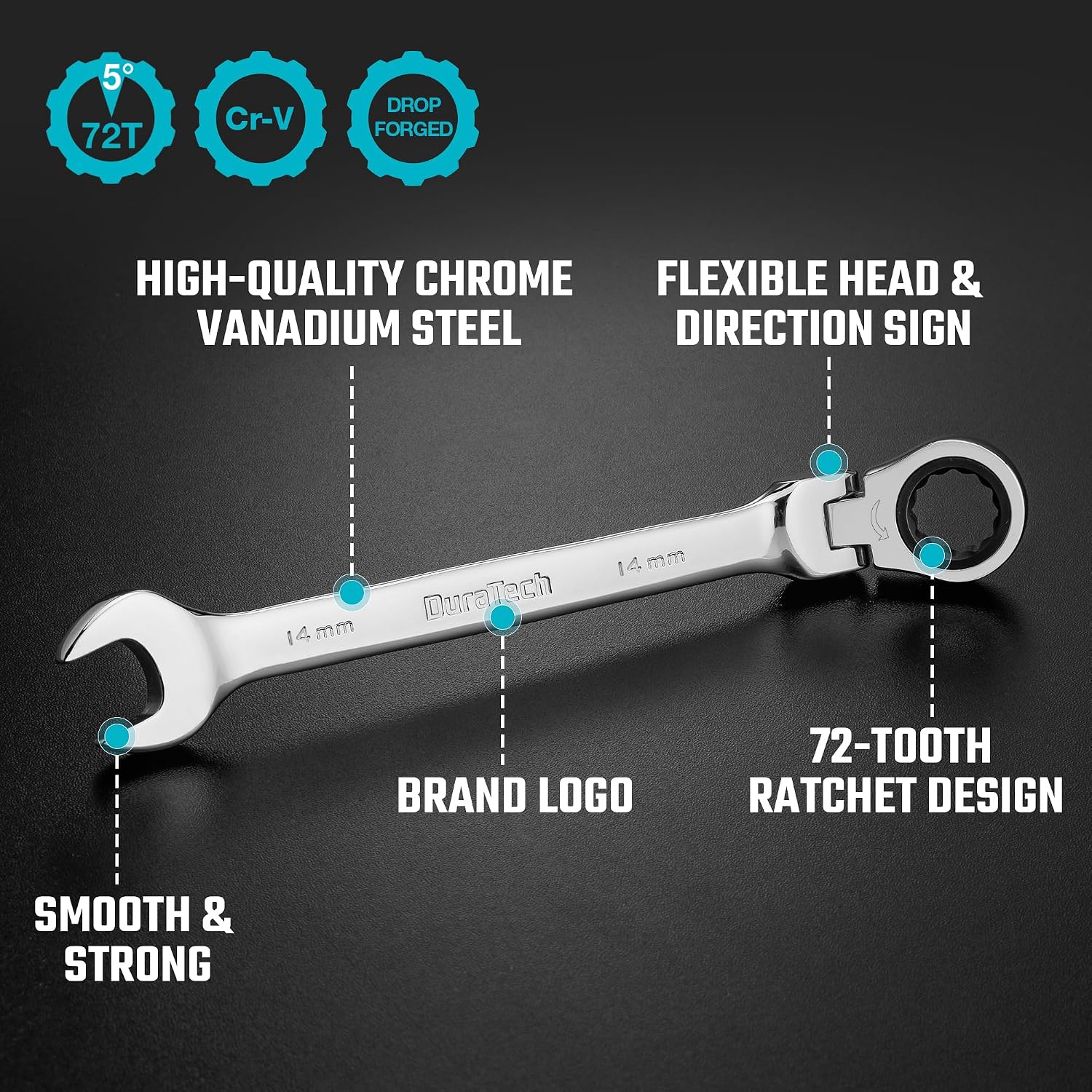 DURATECH Jeu de 12 clés à cliquet à tête flexible, 8-19 mm, Acier Cr-V | Design à tête flexible à 180°, Cliquet à 72 dents, Acier chrome-vanadium, Bout fermé à 12 points