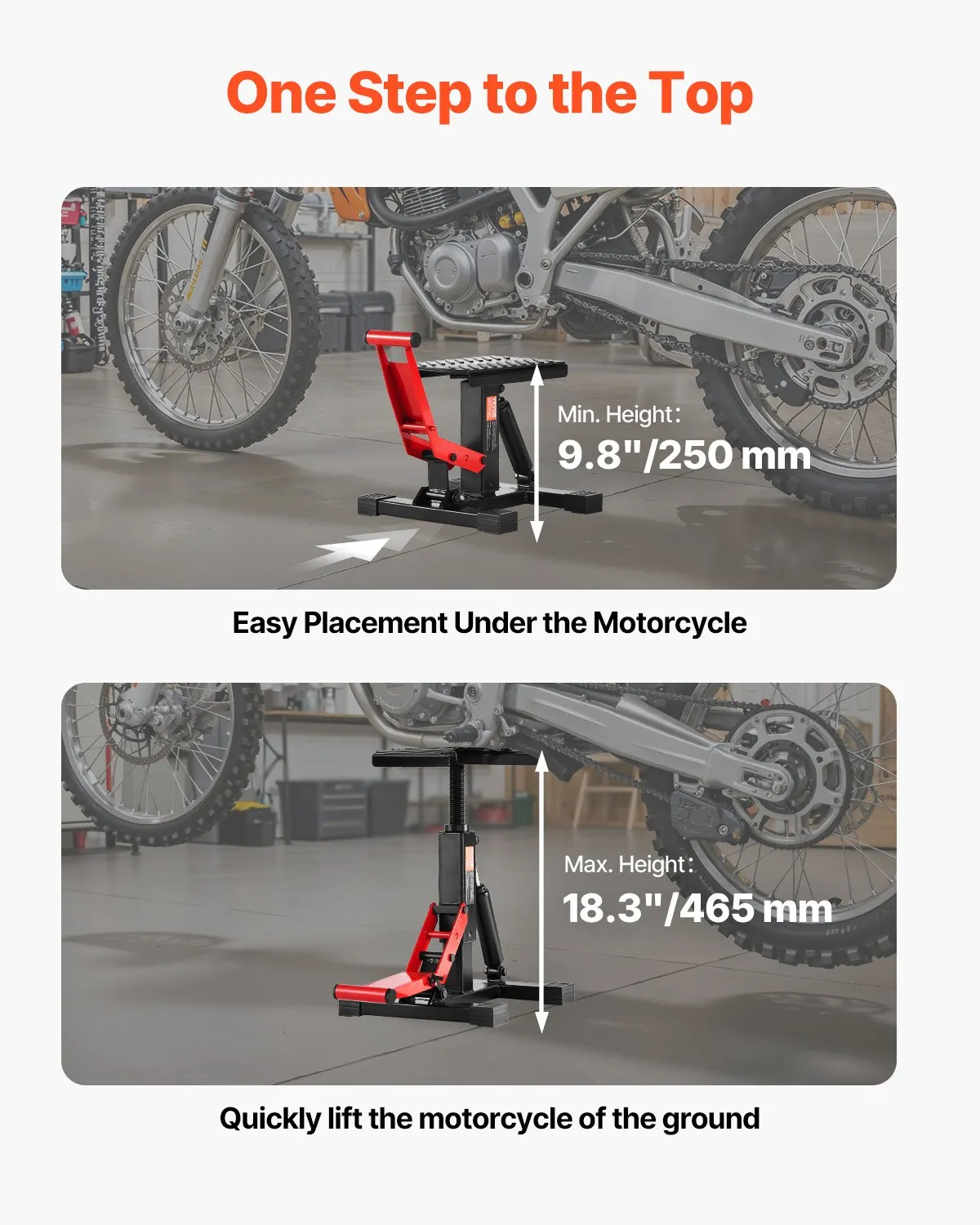 VEVOR Cric de levage hydraulique pour moto, Capacité de charge 544 kg, Support de réparation robuste pour moto et quad, Hauteur réglable 250-465 mm, Rouge et noir