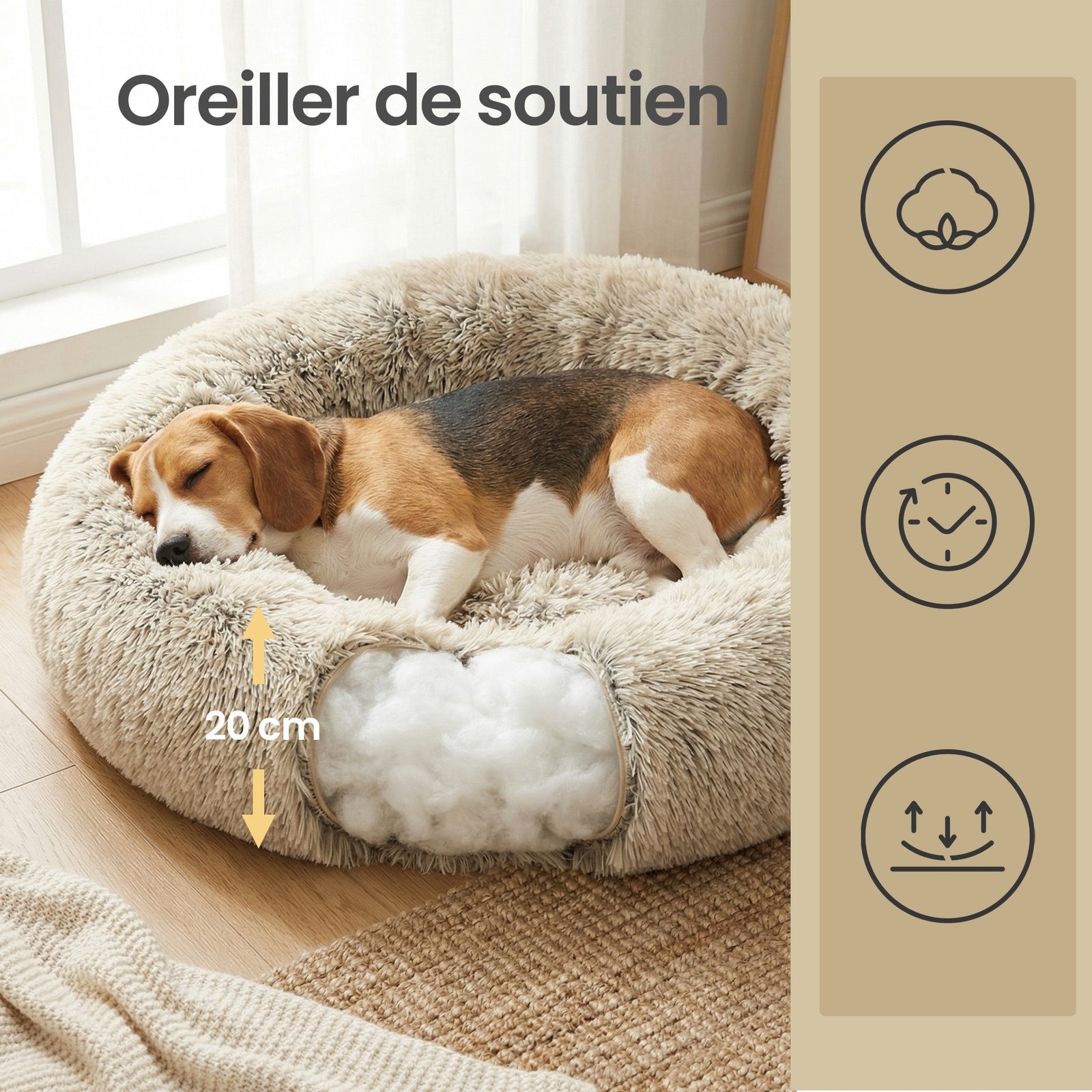 JOYFURNOS Lit pour chien en peluche donut avec housse amovible et lavable, kaki, 70 x 20 cm