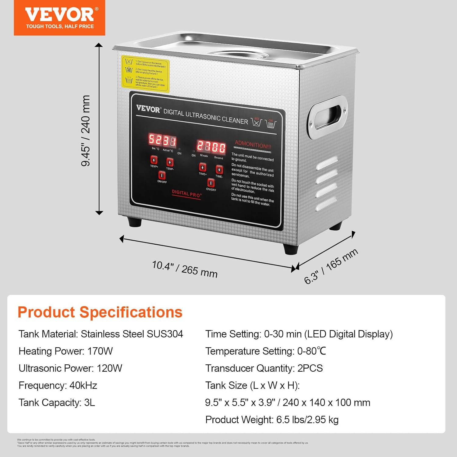 VEVOR Nettoyeur ultrasonique numérique 3 L avec écran LED, prise EU 220 V, machine de nettoyage en acier inoxydable pour bijoux, lunettes et outils