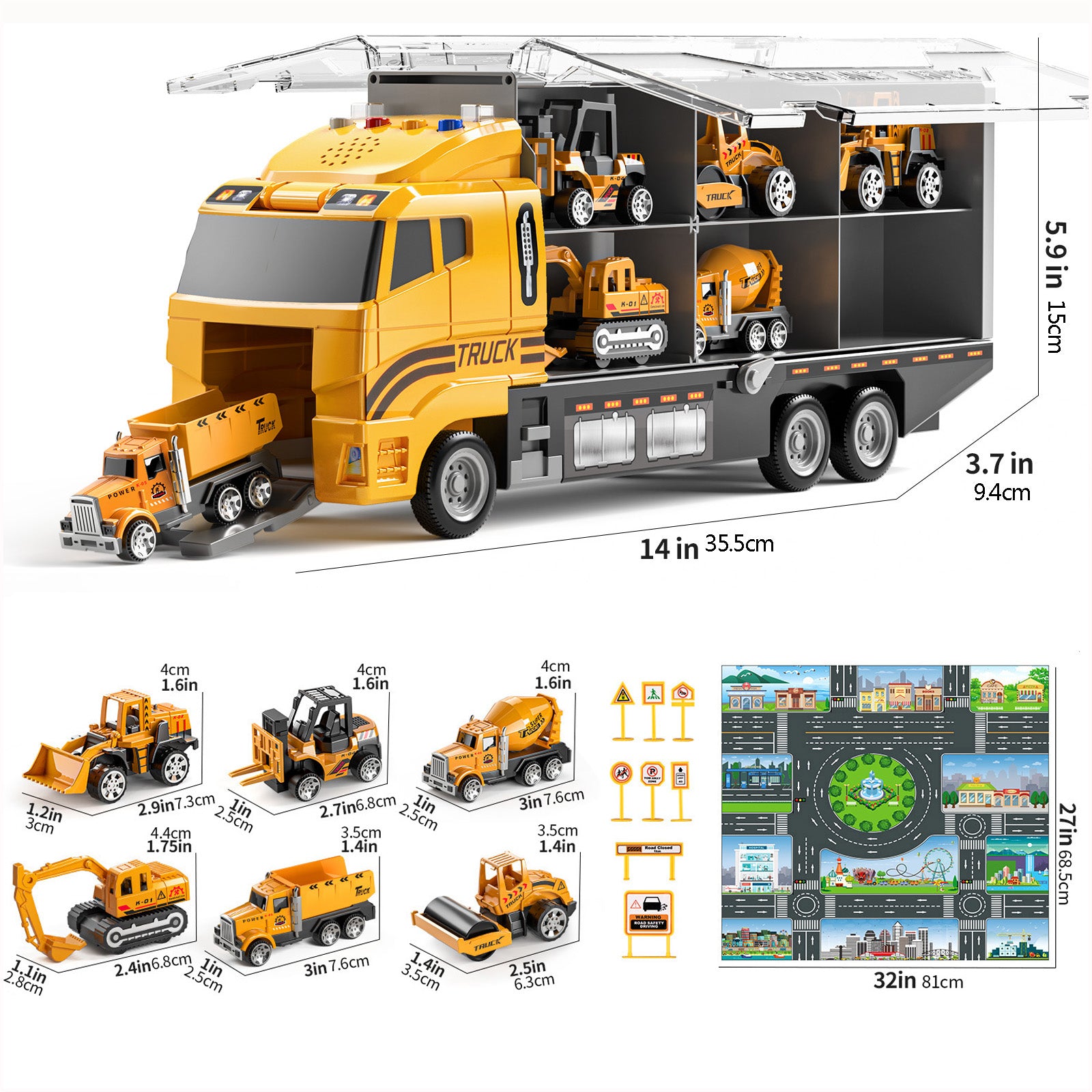 Ensemble de jouets de véhicules de camion de construction pour garçons avec tapis de jeu et voiture en métal moulé sous pression, camion de transport pour enfants 3-8 ans