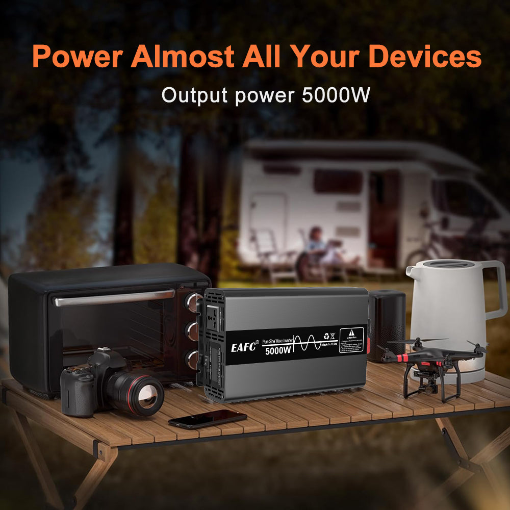 EAFC Convertisseur de puissance amorphe 5000 W à onde sinusoïdale pure (pic 5000 W / puissance nominale 2500 W) – Convertisseur de voiture 12 V CC vers 220 V CA avec prise universelle