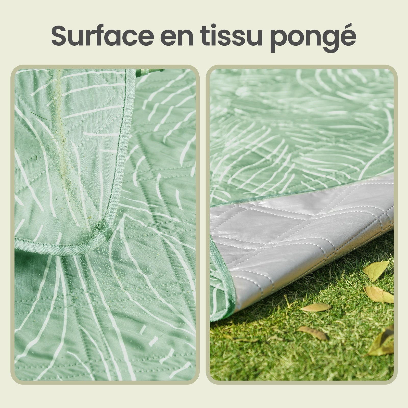 JOYFURNOS Couverture de Pique-nique, 200 x 200 cm, 4 Piquets de Sol, Hydrofuge, Lavable, Pliable, Motif Feuilles et Vert