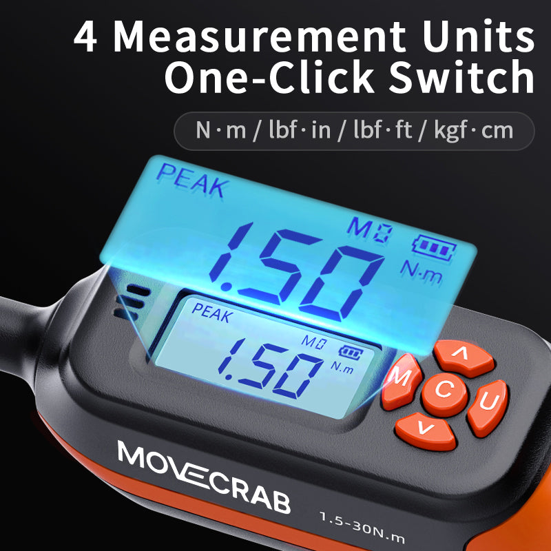 Clé dynamométrique numérique professionnelle Movecrab, entraînement 1/4", 0,6-12 N.m ±2 %, haute précision, affichage LED, triple alarme (Nm/in.lb/ft.lb/kg.cm), vibration