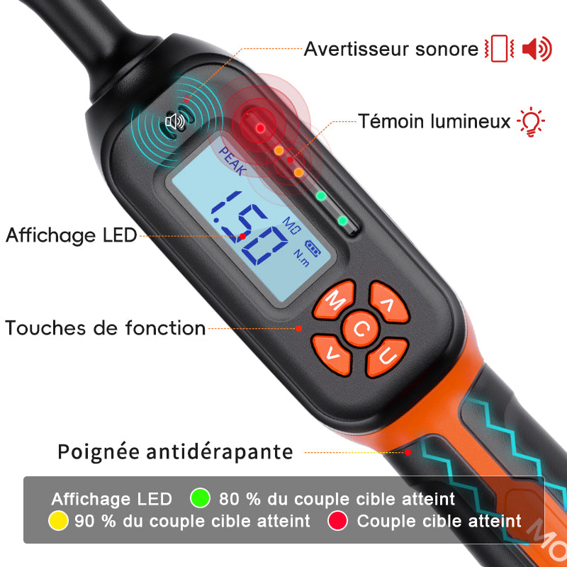 Clé dynamométrique numérique professionnelle Movecrab, entraînement 1/4", 1-20 N.m ±2 %, affichage LED haute précision avec triple alarme (Nm/in.lb/ft.lb/kg.cm), vibration