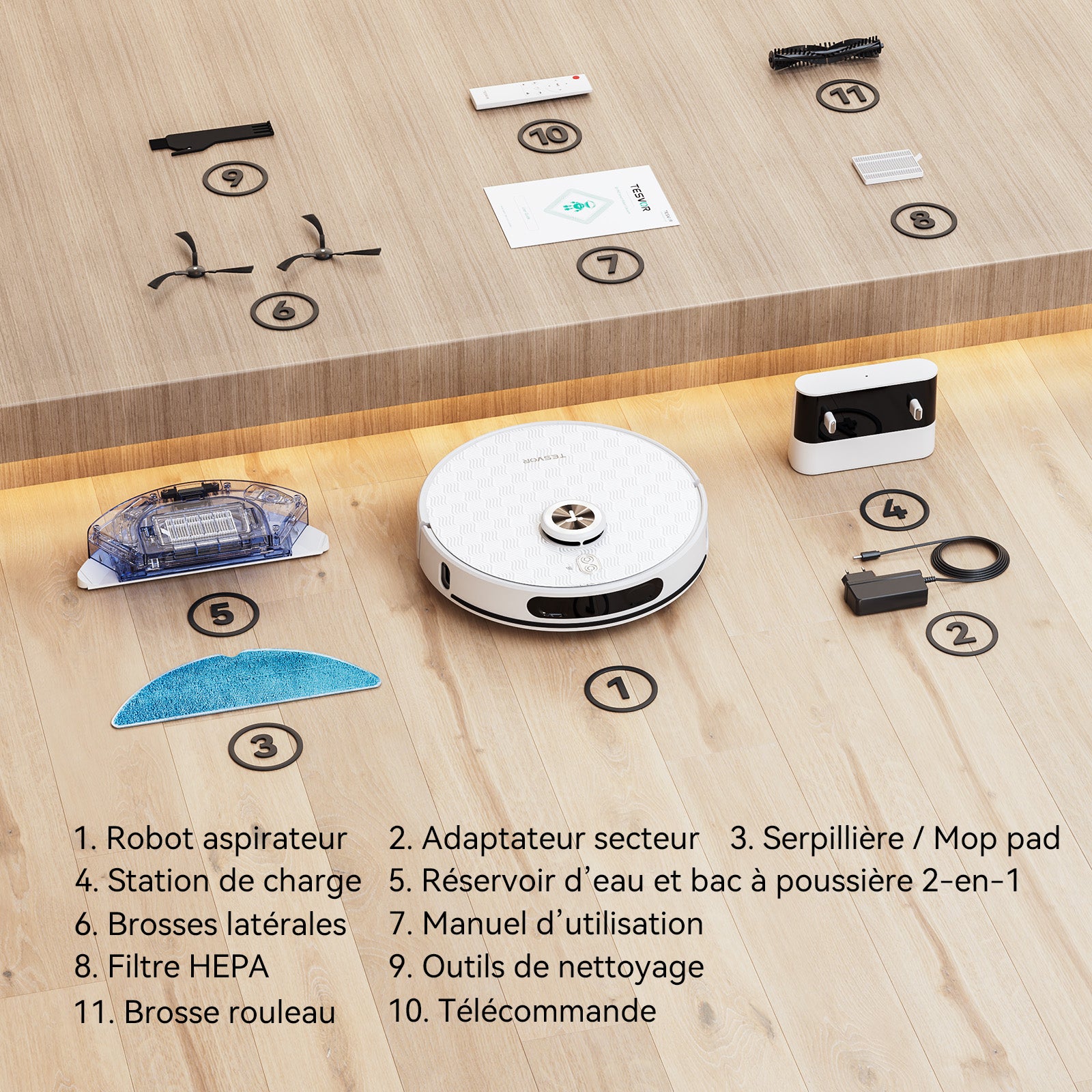 Aspirateur robot Tesvor S8Pro avec fonction de nettoyage - Robot aspirateur 8000 Pa 3-en-1 aspirateur robot + navigation LiDAR + 240 min d'autonomie, contrôle par application/Alexa