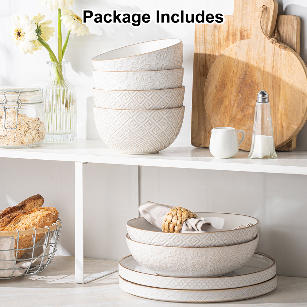 DAFUCERAMIC Assiettes à céréales 29 oz (6 pouces), bol à soupe en stoneware à motif, pour pho, chips, fruits, salade et nouilles (ramen), lot de 4, blanc arctique