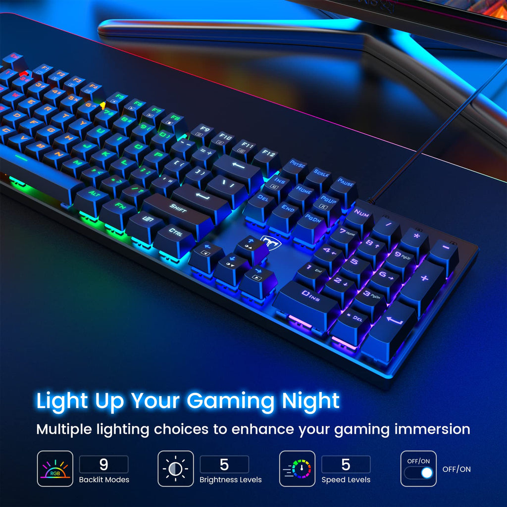 Clavier mécanique filaire 100 % ET, disposition QWERTY US, clavier filaire USB ultra-fin à rétroéclairage LED à 104 touches avec switch bleu
