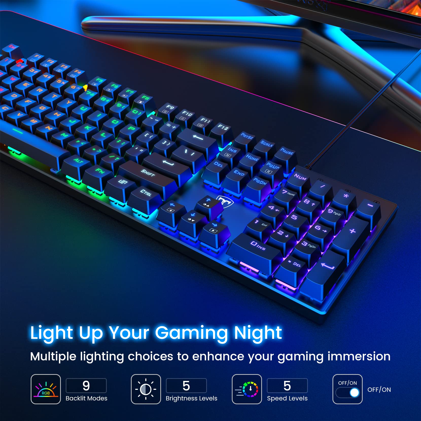 Clavier mécanique filaire 100 % ET, disposition QWERTY US, clavier filaire USB ultra-fin à rétroéclairage LED à 104 touches avec switch bleu
