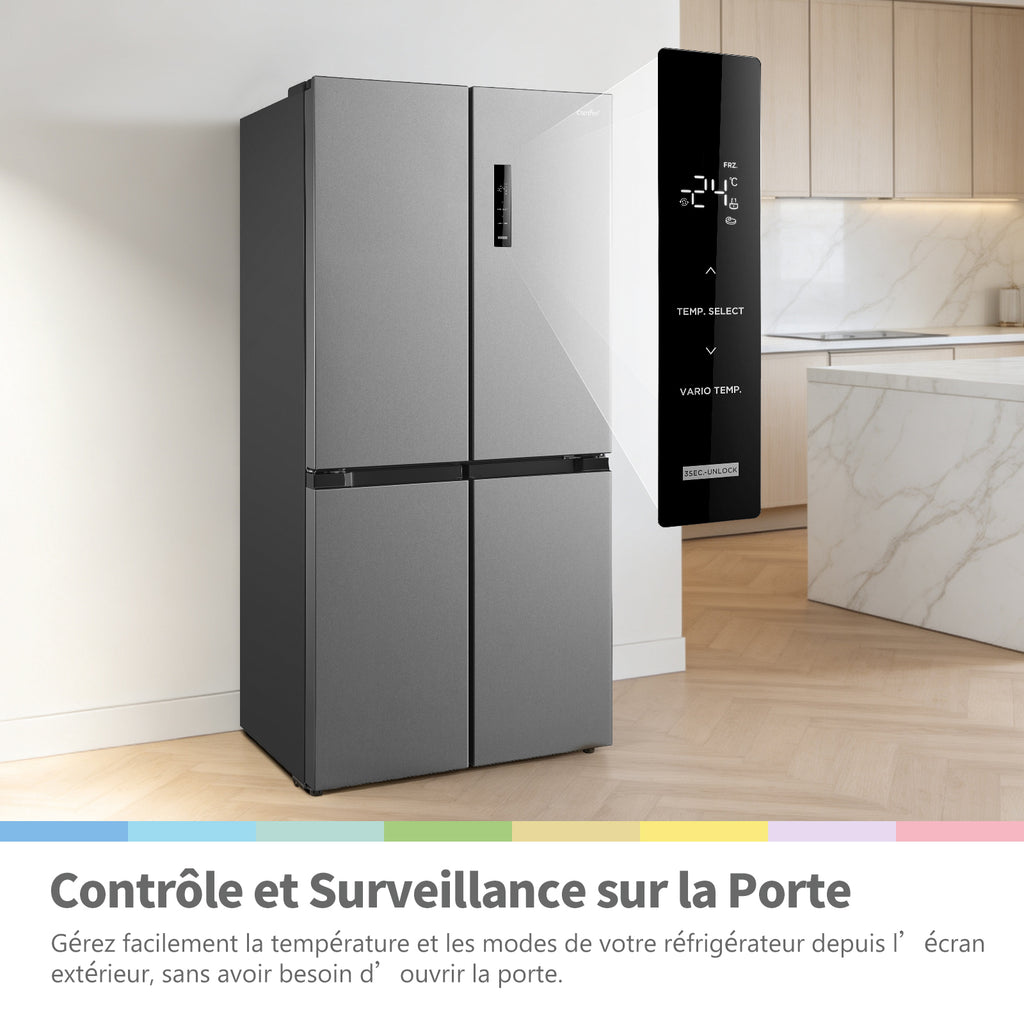 Comfee by Midea' RCF470LS2EU(E) Réfrigérateur 4 portes 474 L | Vario Box | Tiroir à légumes avec 3 températures | Plateau basculant | Contrôle et surveillance de la porte non ouverte – Argent