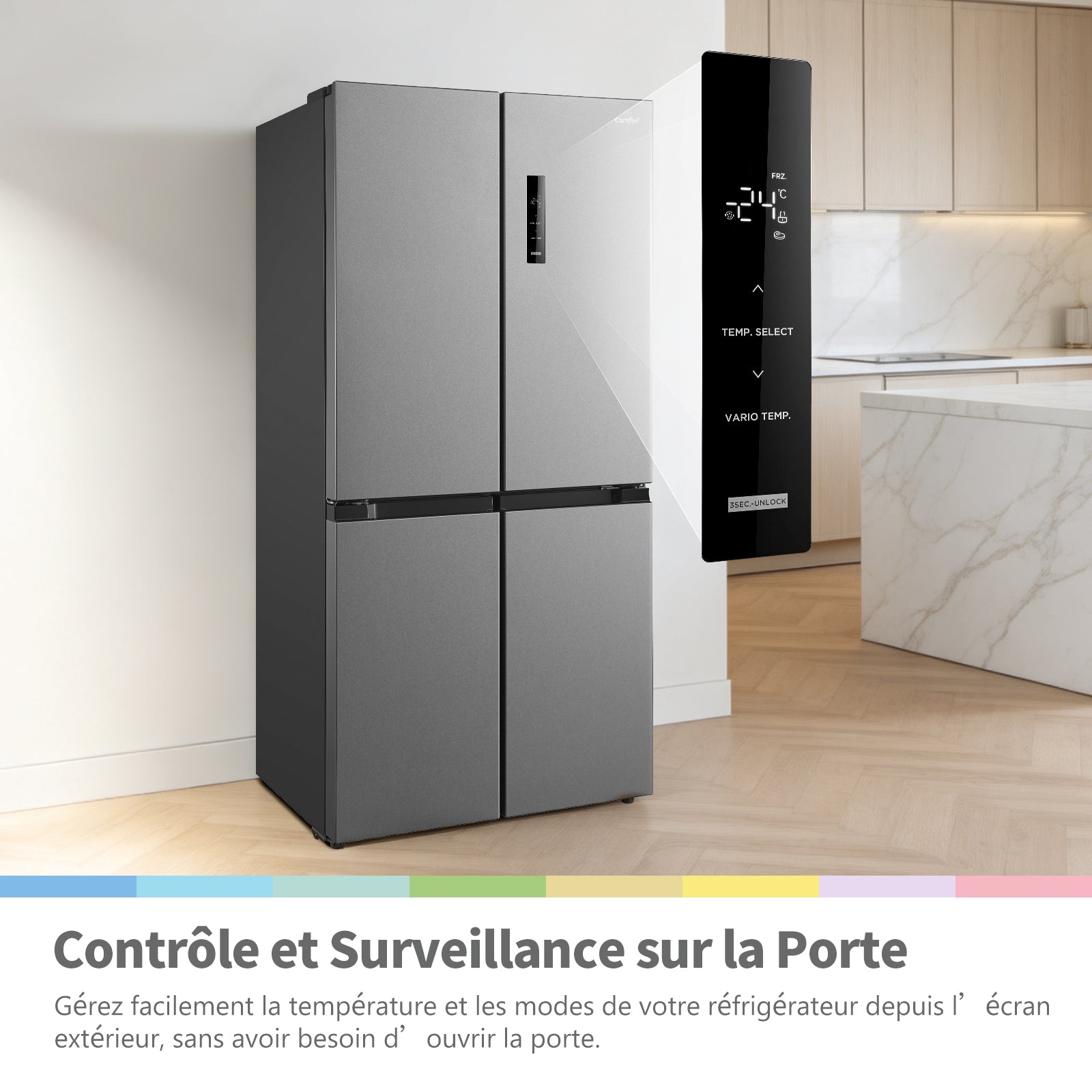 Comfee by Midea' RCF470LS2EU(E) Réfrigérateur 4 portes 474 L | Vario Box | Tiroir à légumes avec 3 températures | Plateau basculant | Contrôle et surveillance de la porte non ouverte – Argent