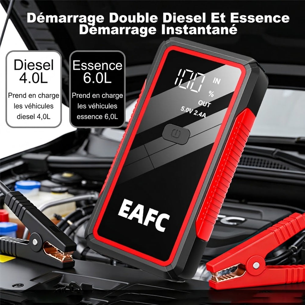 EAFC 2000A Démarreur de Voiture 12 V - 10000 mAh Batterie d'Urgence Portable avec Lampe de Poche LED, Booster de Batterie pour Véhicules Essence/Diesel avec Protection de Sécurité