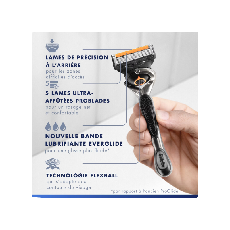 Gillette Rasoir Homme Proglide, avec 1 Recharge, Noir | Manche Reutilisable, Tête Flexible à 5 Lames, Bande Lubrifiante x2, 1Cartouche Jusqu’à 30 Rasages