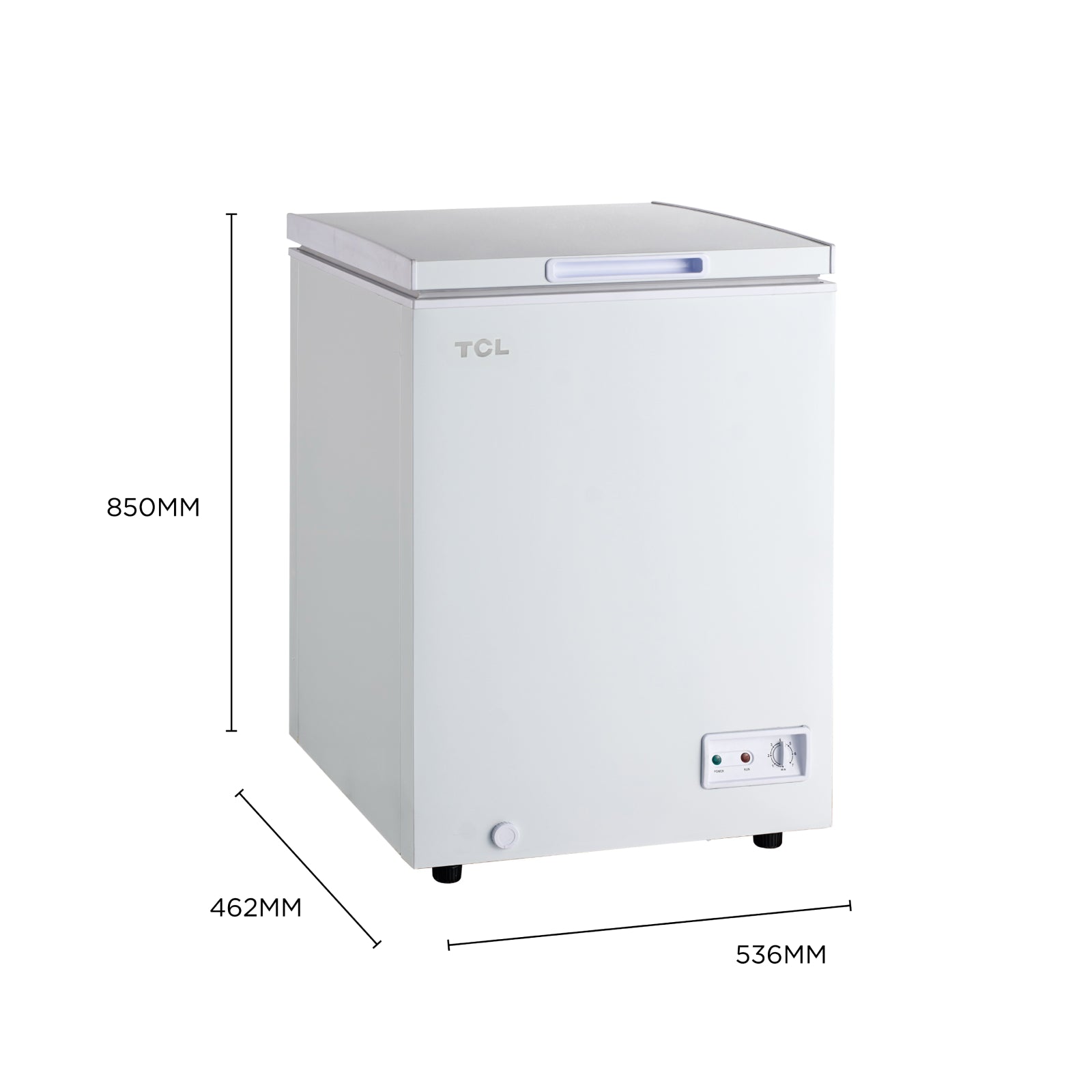 TCL CF126EWE0FR Congélateur avec panier de rangement, charnière de couvercle, thermostat réglable, pieds réglables, classe énergétique E - 98 L