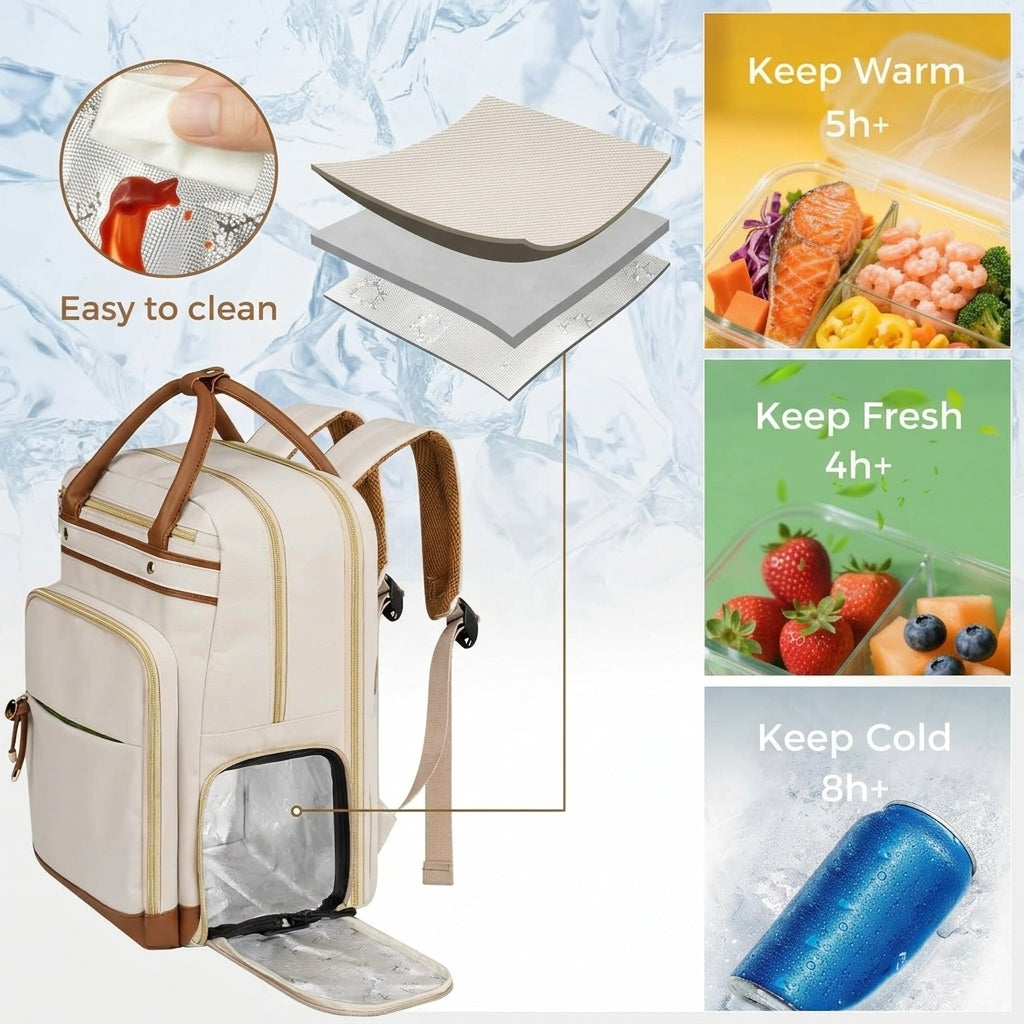 Sac de travail, sac à dos pour ordinateur portable 15,6 pouces pour femme, avec compartiment à repas détachable, port USB et poche organisée, beige