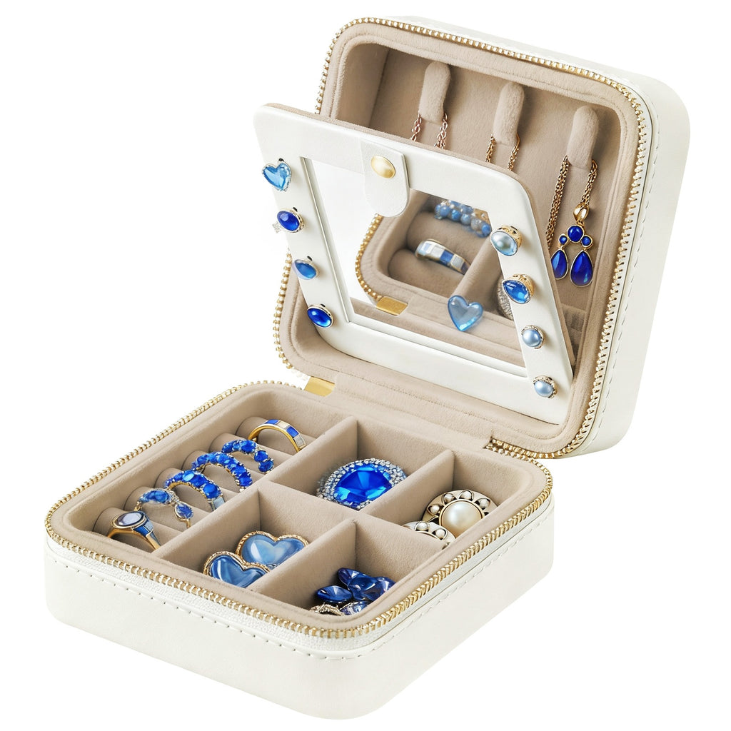 JOYFURNOS Coffret à Bijoux Compact, Rangement Portable avec Miroir, Fermeture Éclair, PU, Blanc