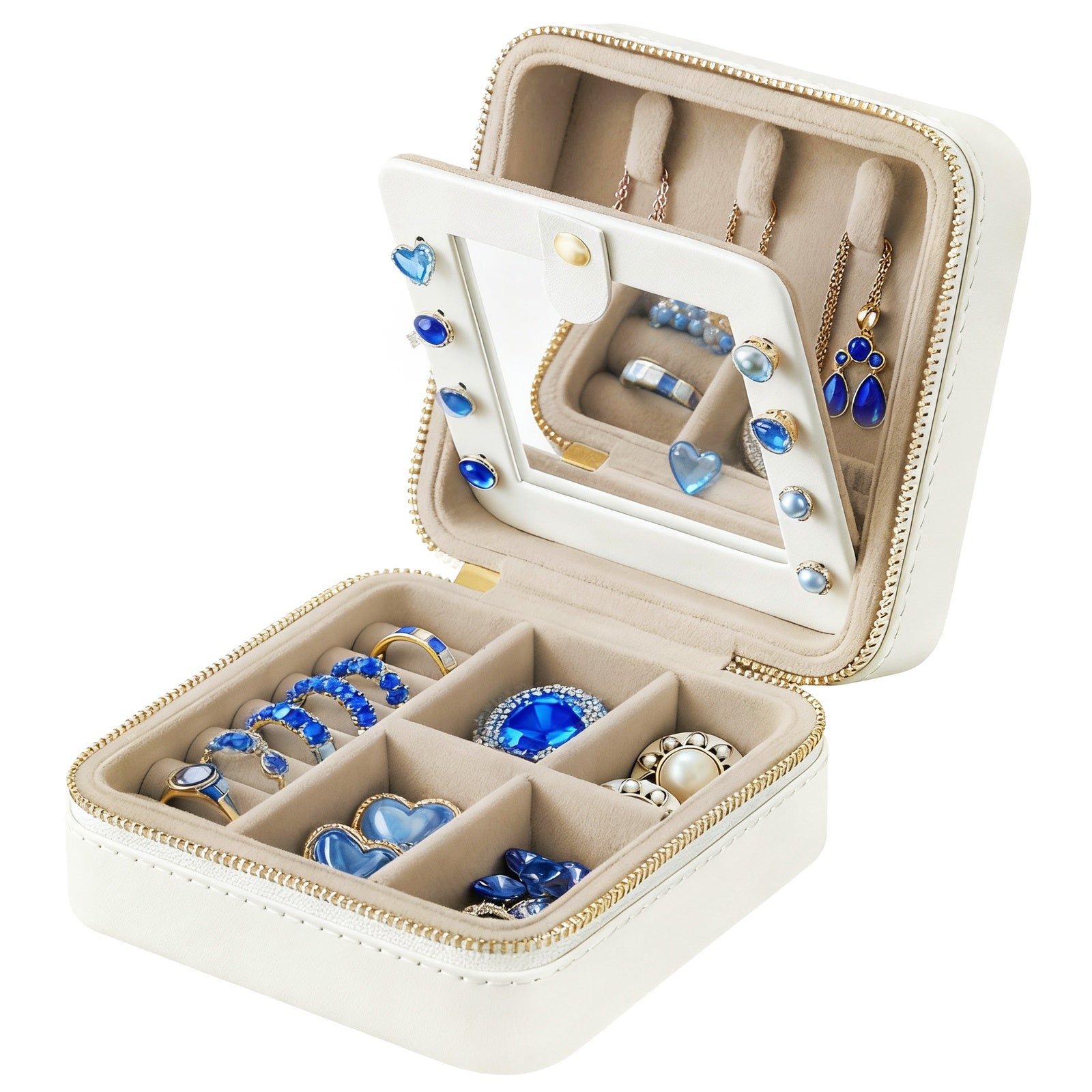 JOYFURNOS Coffret à Bijoux Compact, Rangement Portable avec Miroir, Fermeture Éclair, PU, Blanc